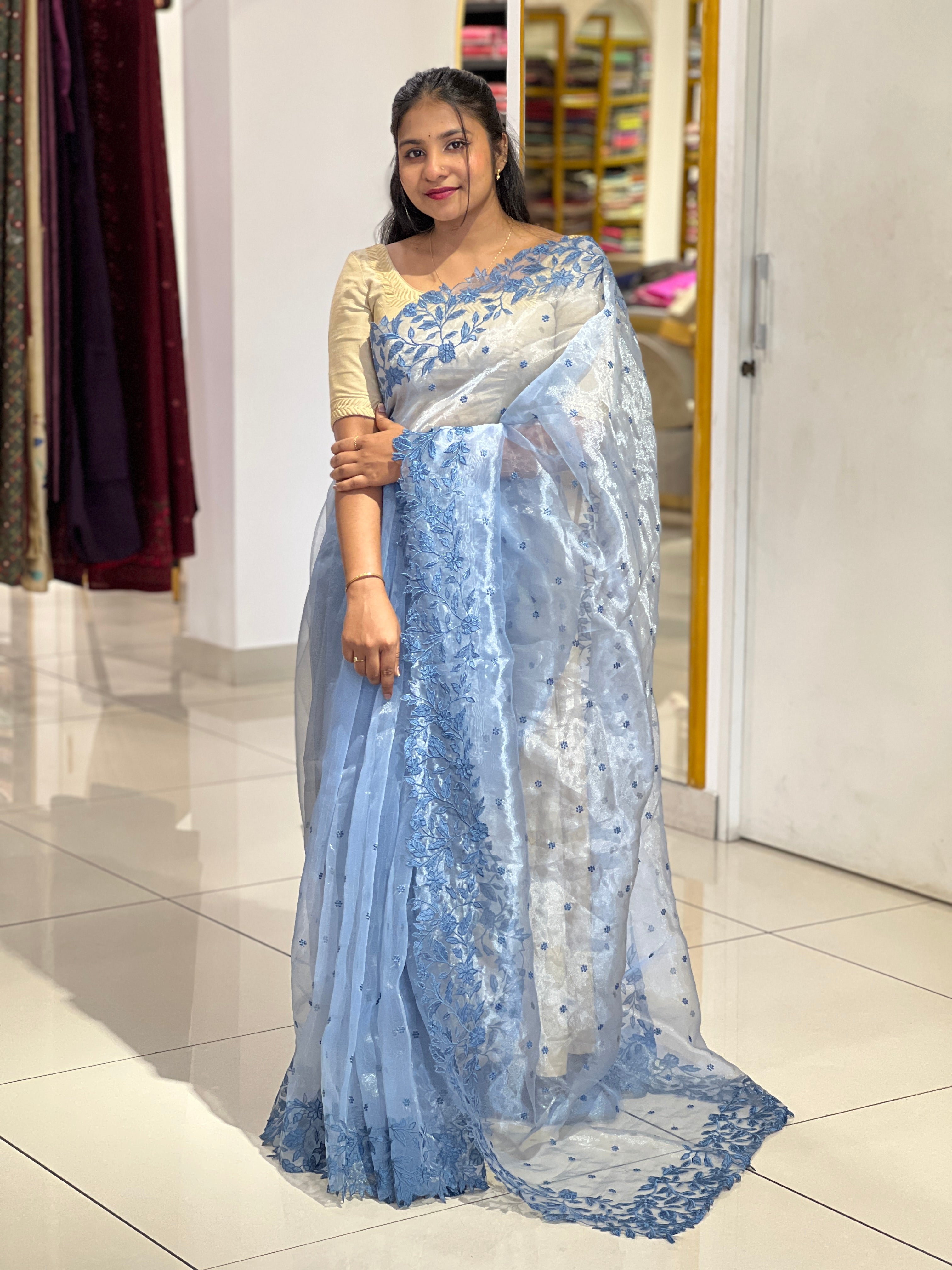 Floral Embroidery Detailed Shimmer Organza Saree | BLD1598