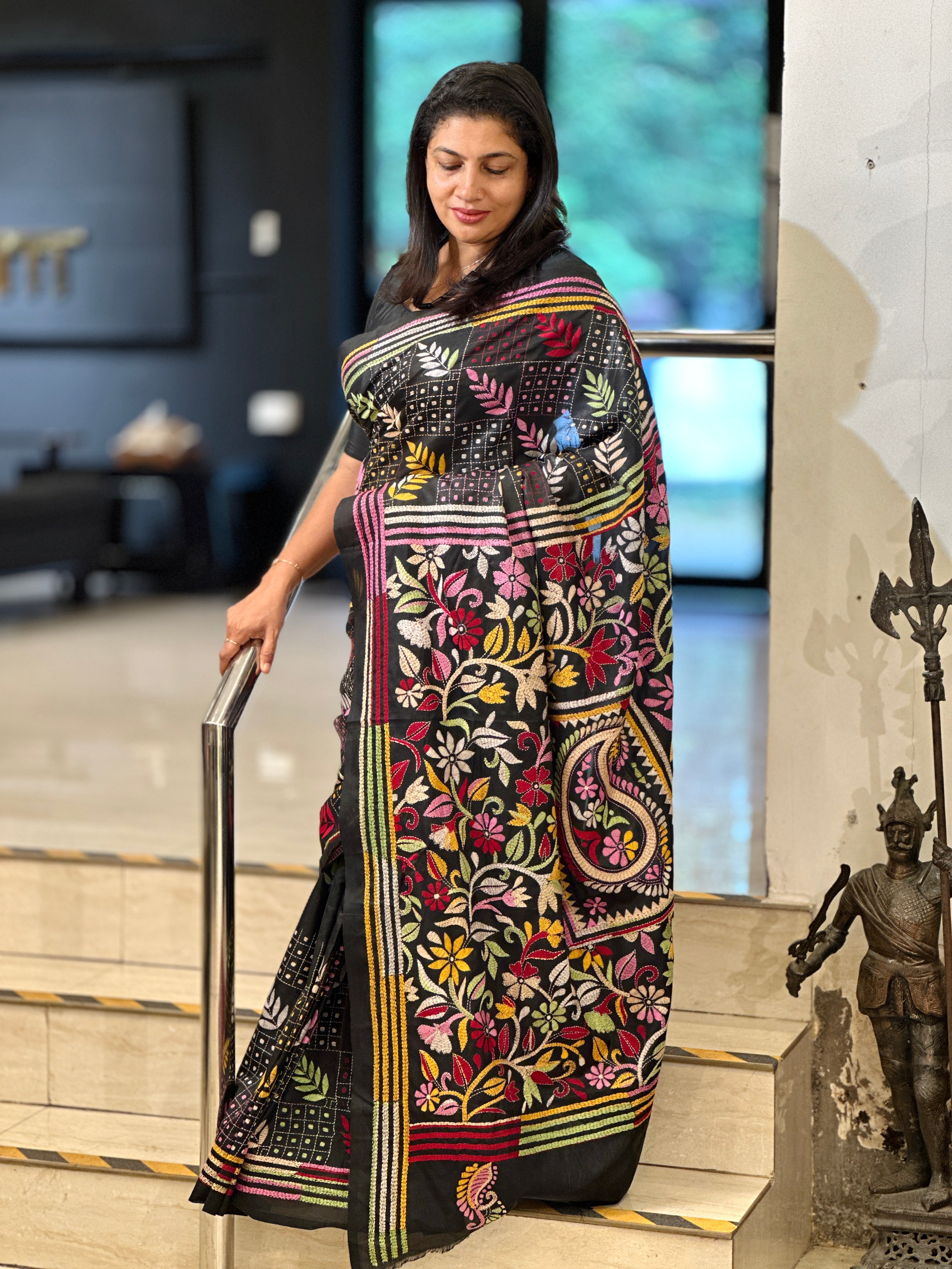 Nakshi Kantha Embroidery Detailed Bangalore Silk Saree | AYD164