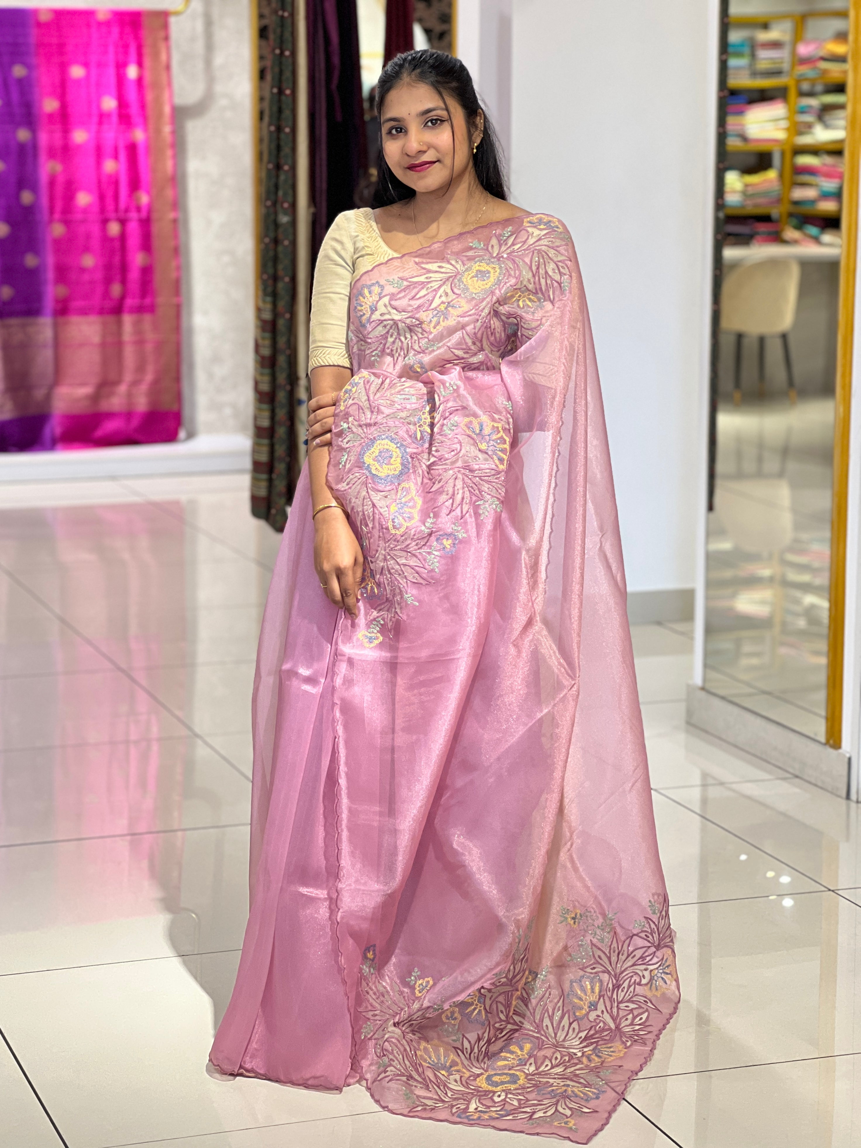 Applique Detailed Shimmer Organza Saree | BLD1579