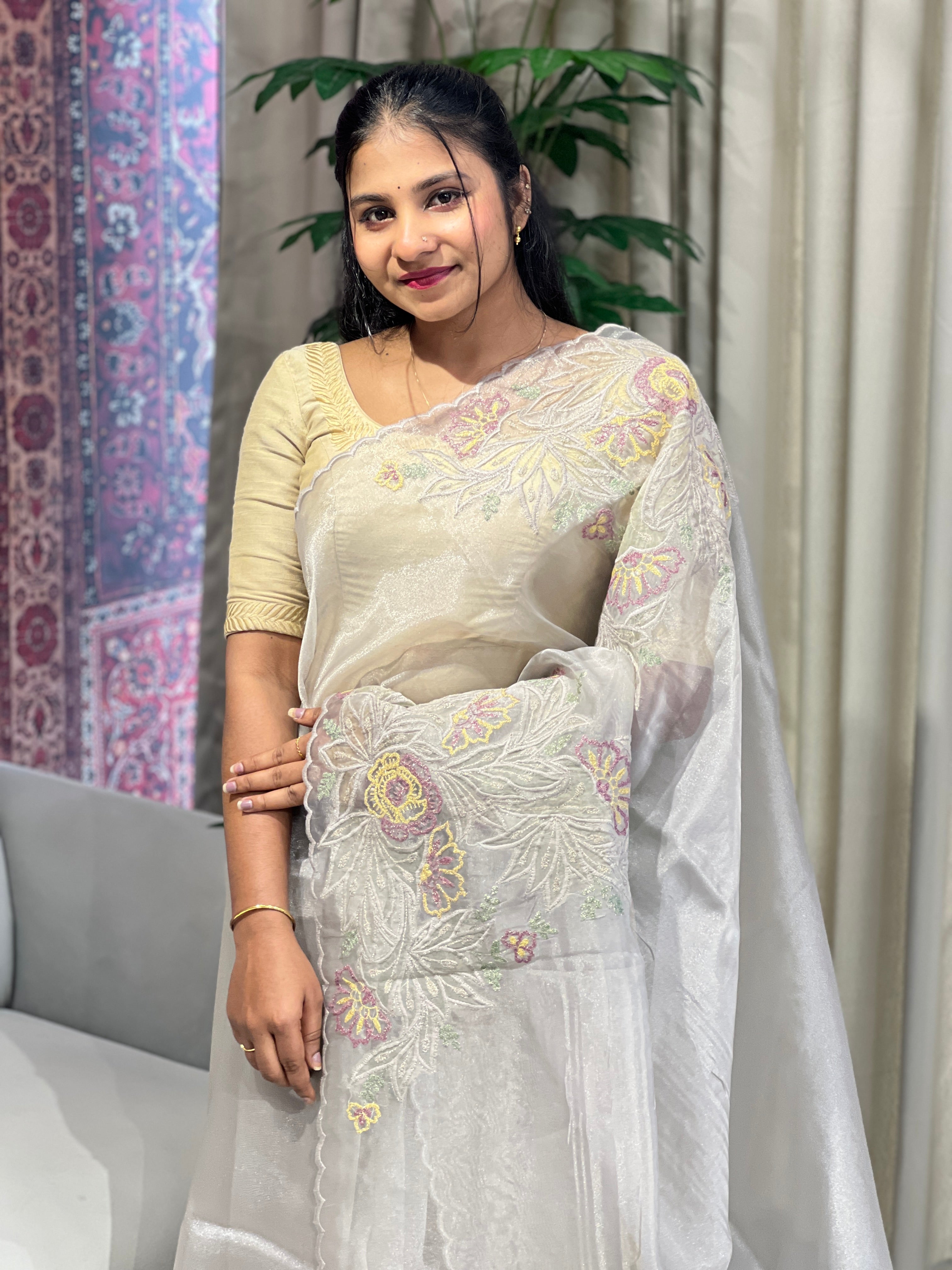 Applique Detailed Shimmer Organza Saree | BLD1582