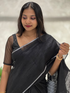 Silver Zari Border Linen Saree | DLS311