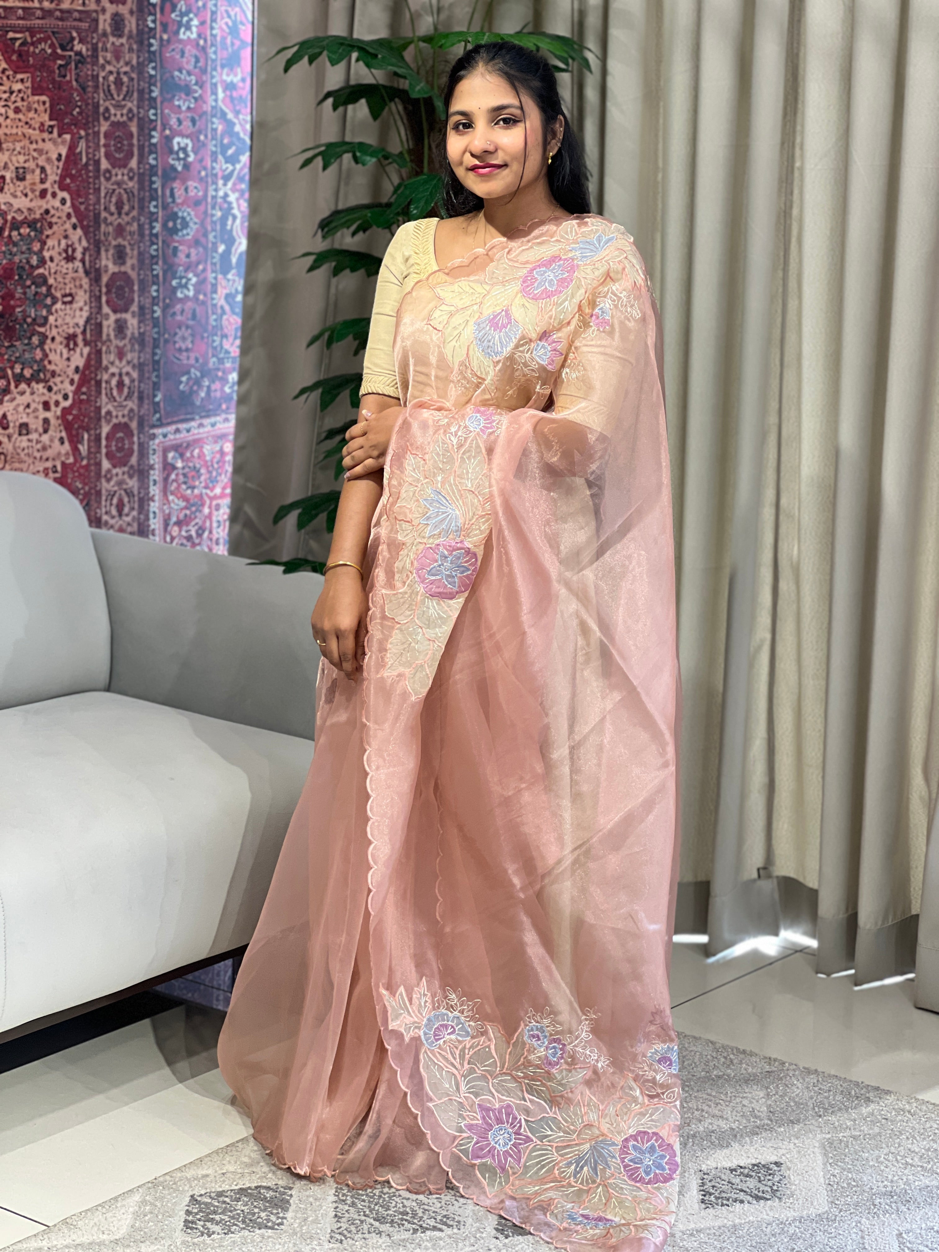 Multi-Colour Floral Applique Detailed Shimmer Organza Saree | BLD1591