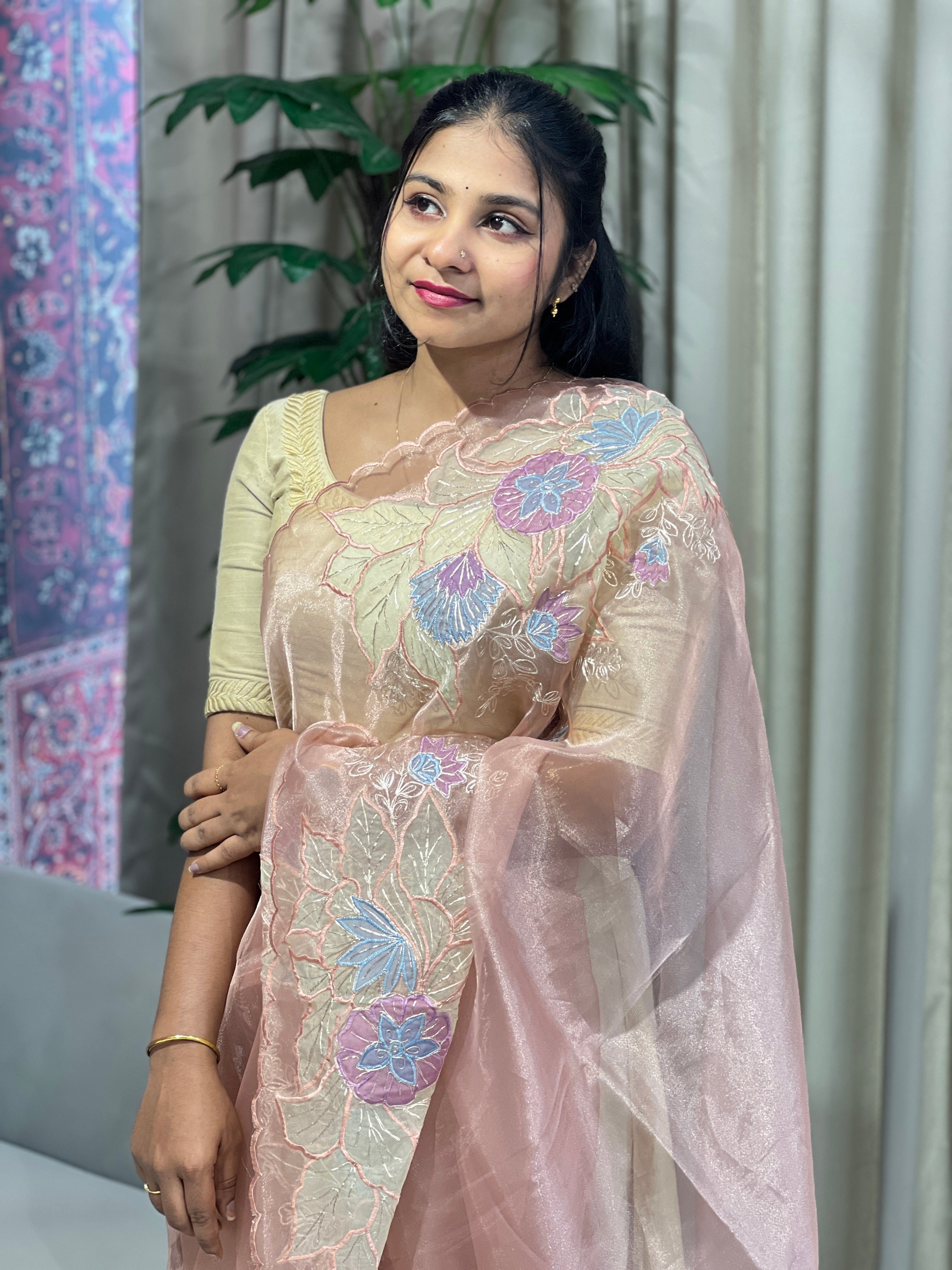 Multi-Colour Floral Applique Detailed Shimmer Organza Saree | BLD1591