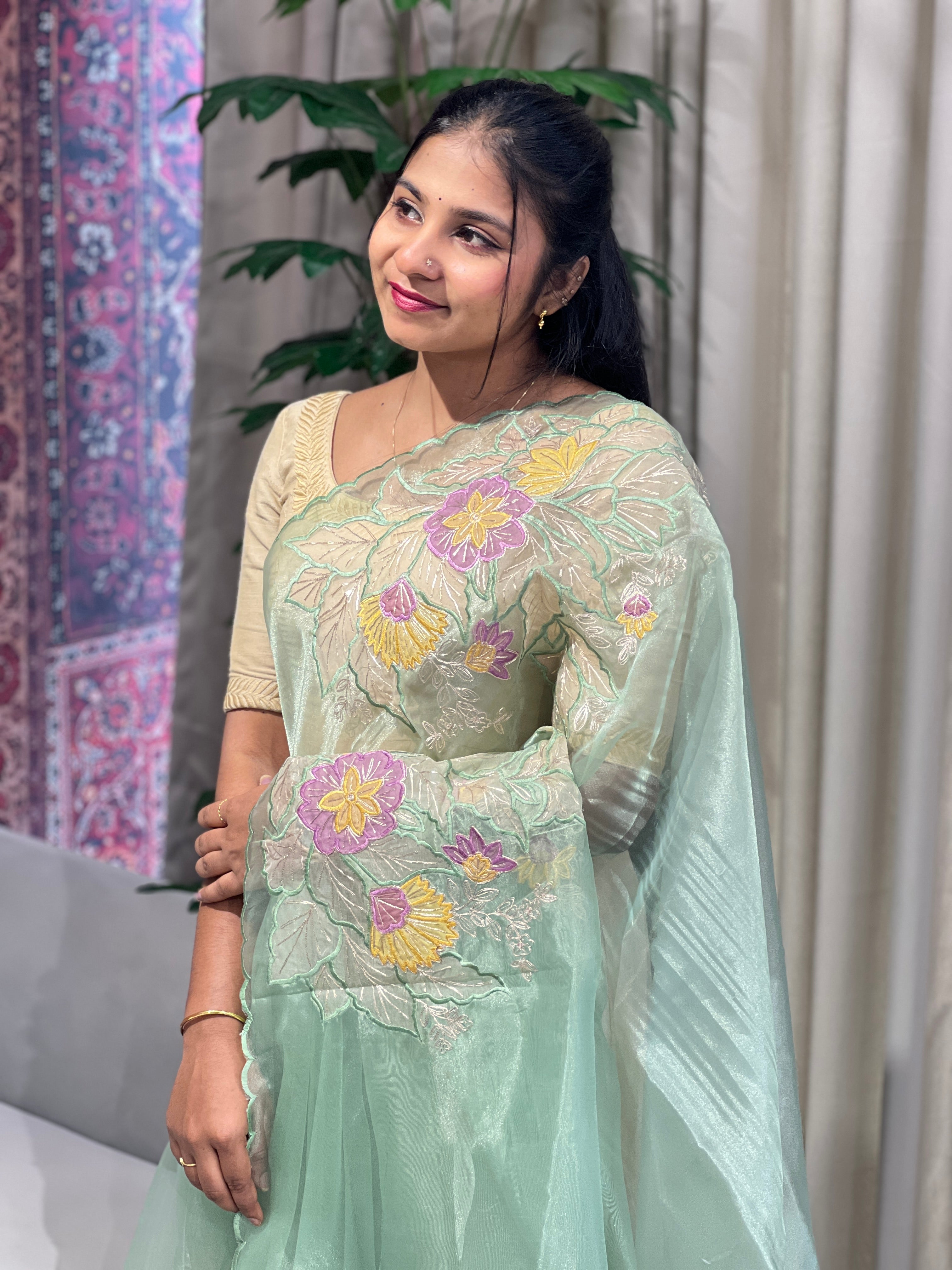 Multi-Colour Floral Applique Detailed Shimmer Organza Saree | BLD1587