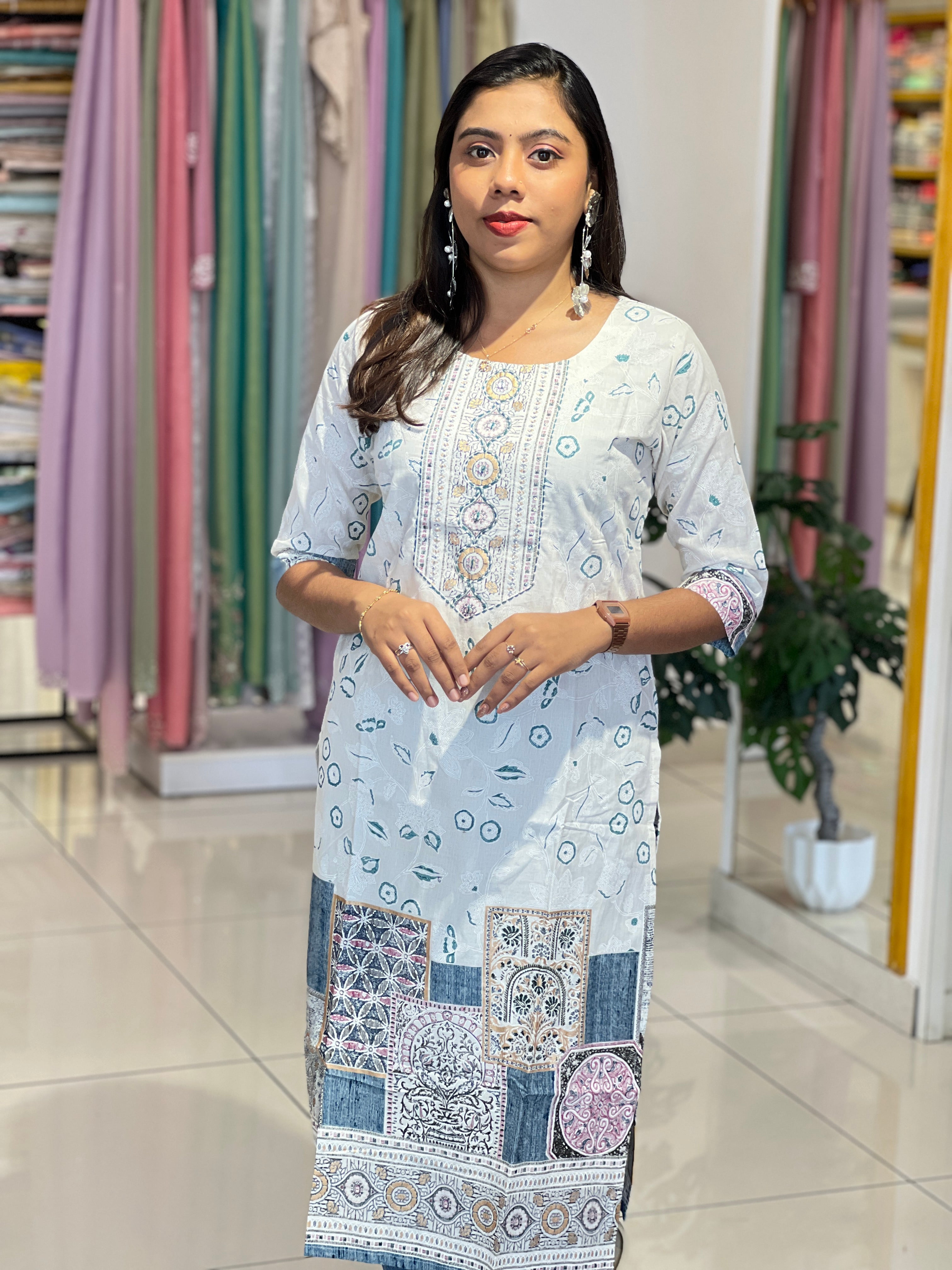 Geometric Floral Printed Cotton Kurta |DVC122