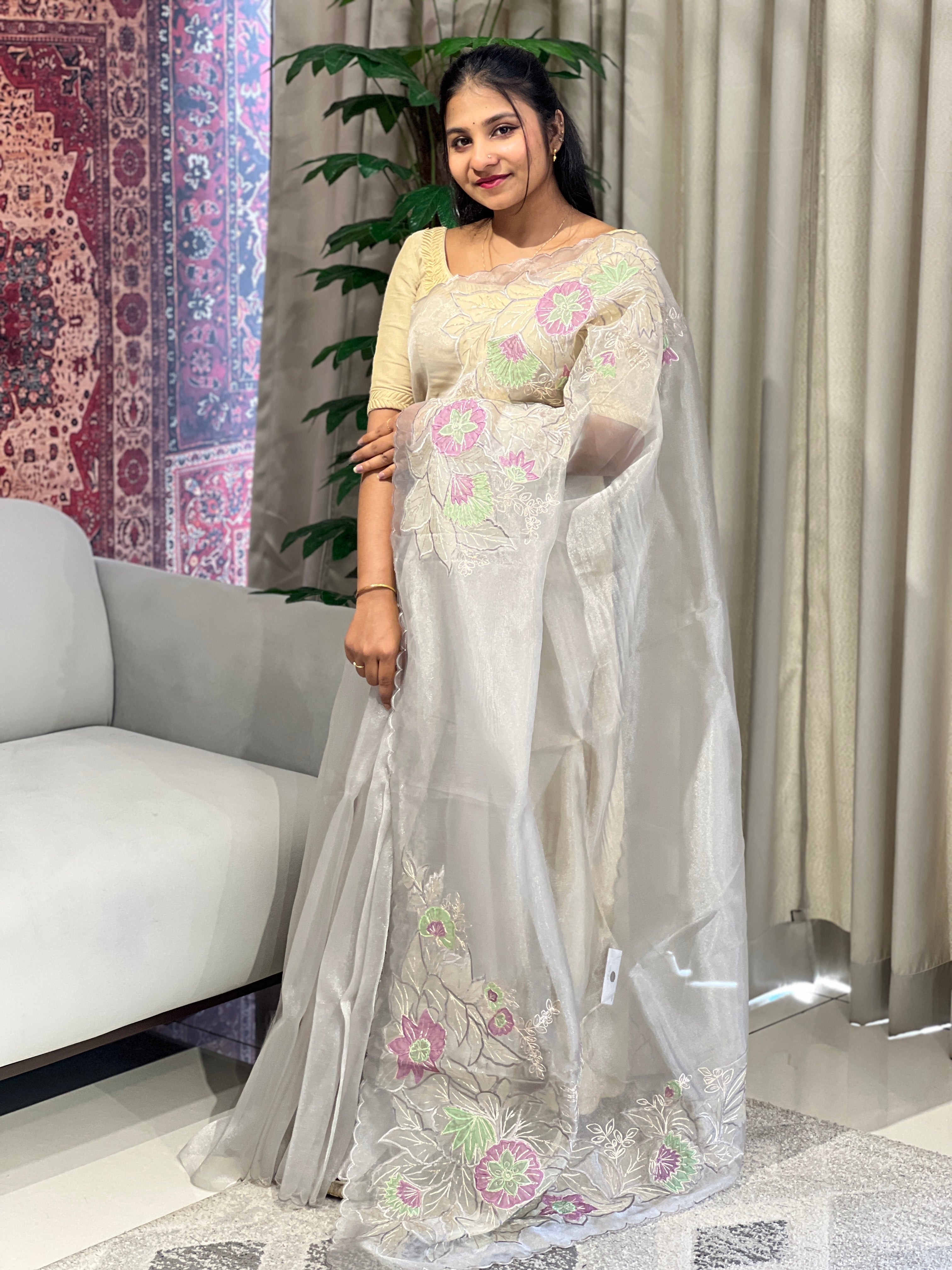 Multi-Colour Floral Applique Detailed Shimmer Organza Saree | BLD1592