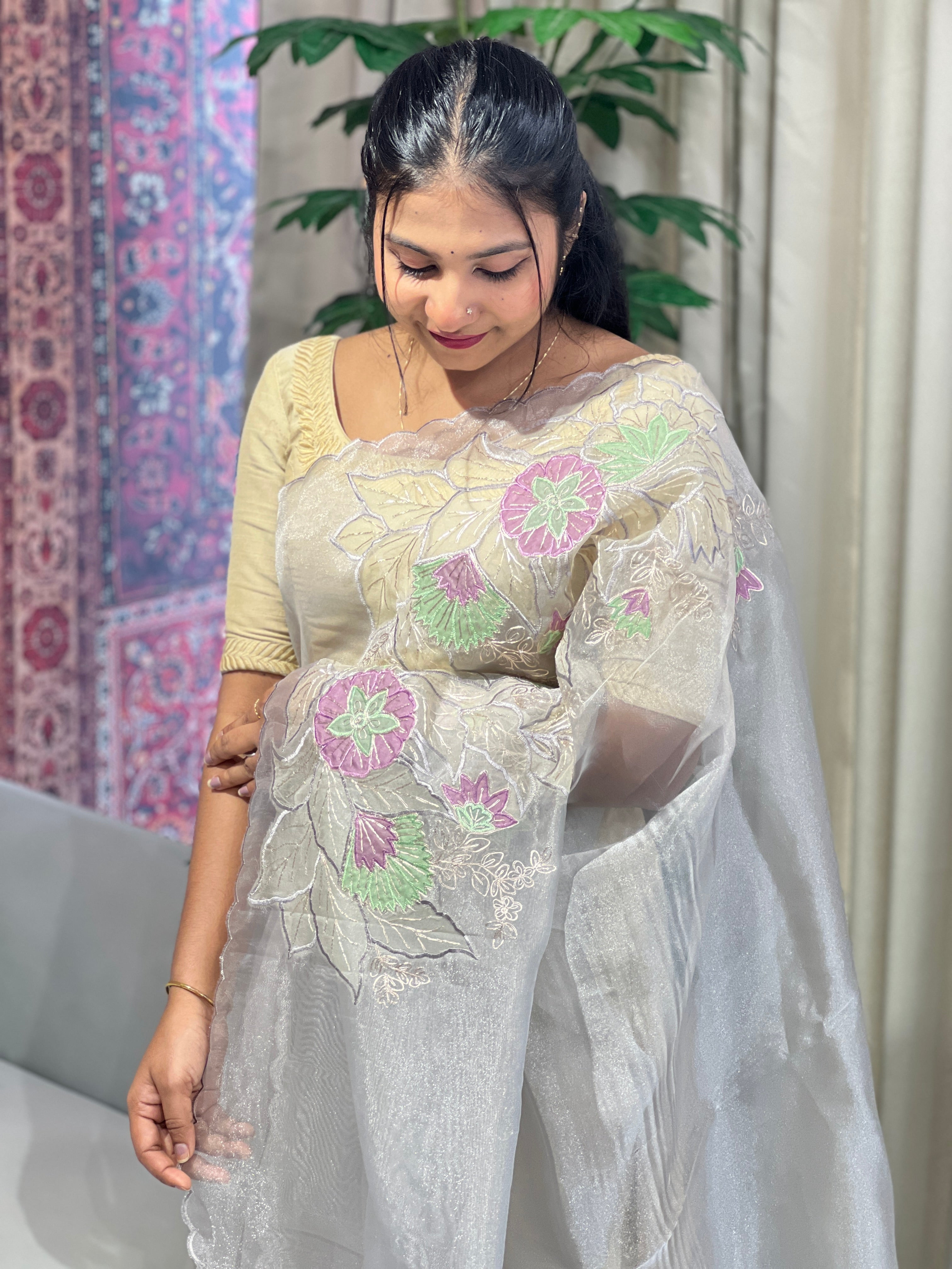 Multi-Colour Floral Applique Detailed Shimmer Organza Saree | BLD1592