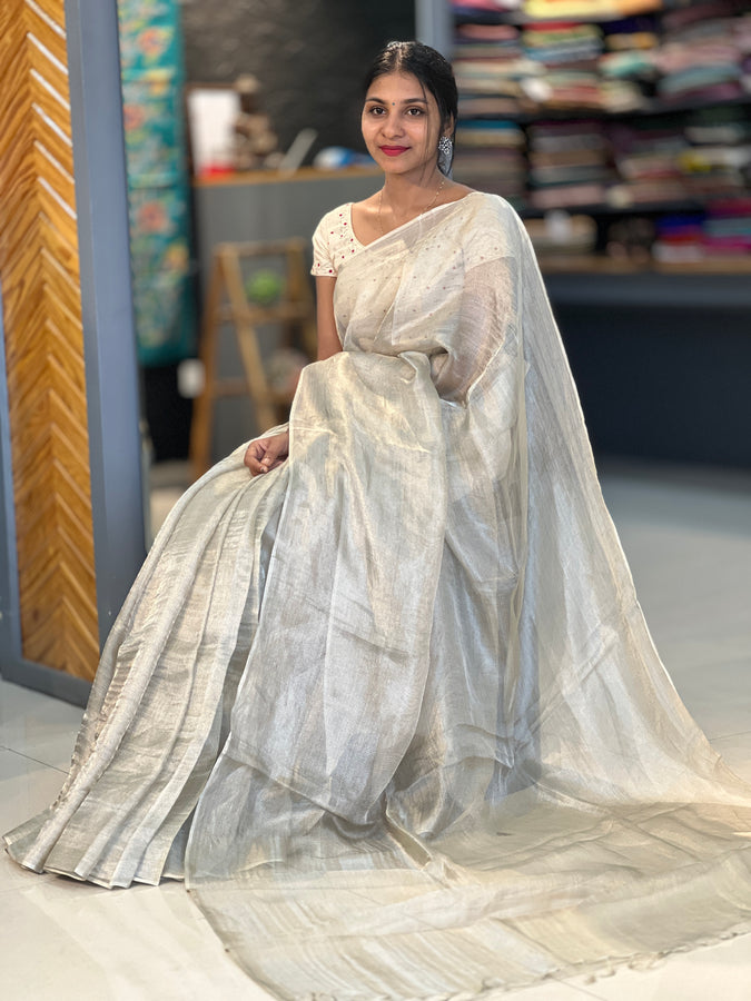 Simple Border Silver Tissue Saree  | HS1123