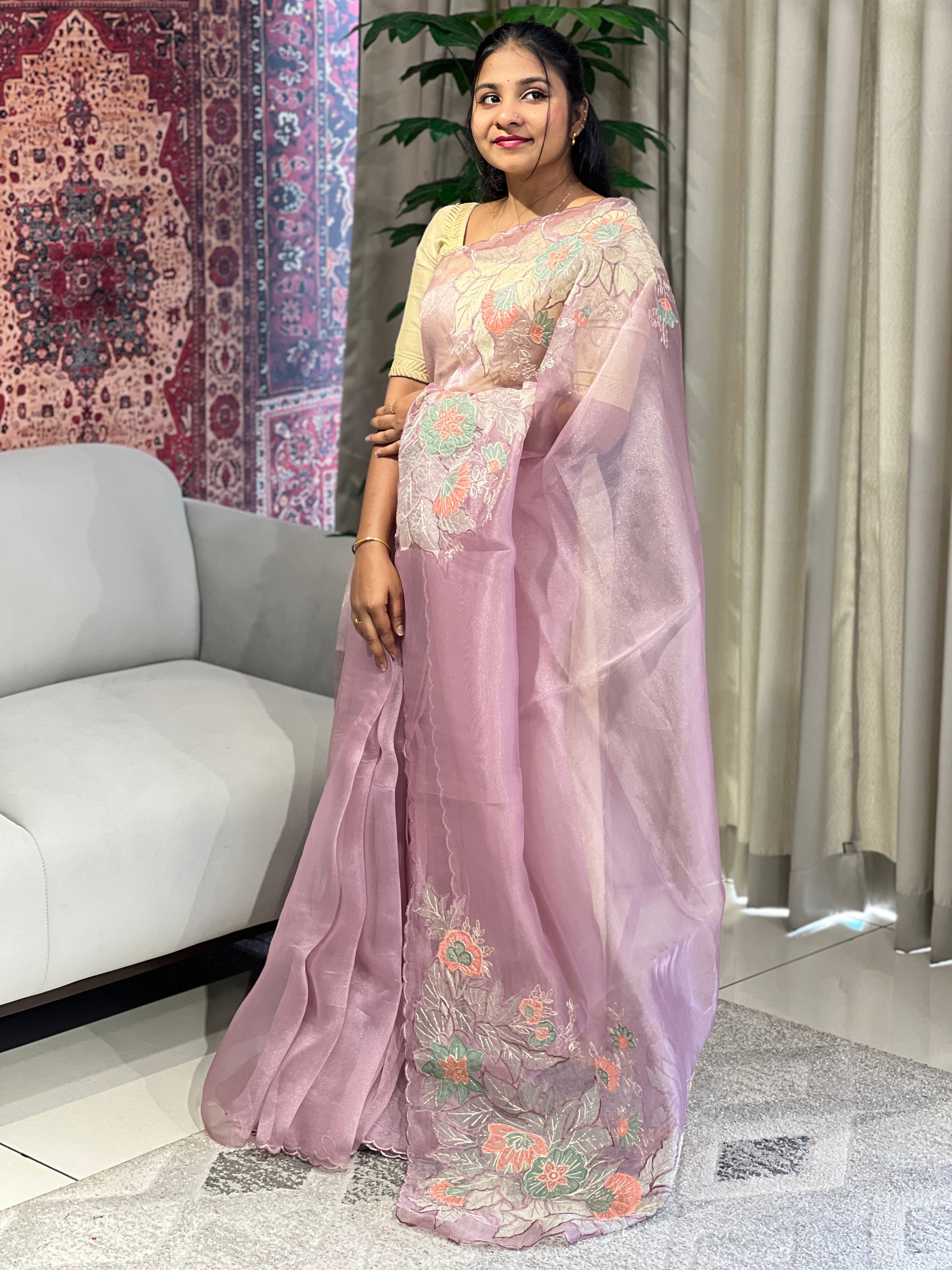 Multi-Colour Floral Applique Detailed Shimmer Organza Saree | BLD1589