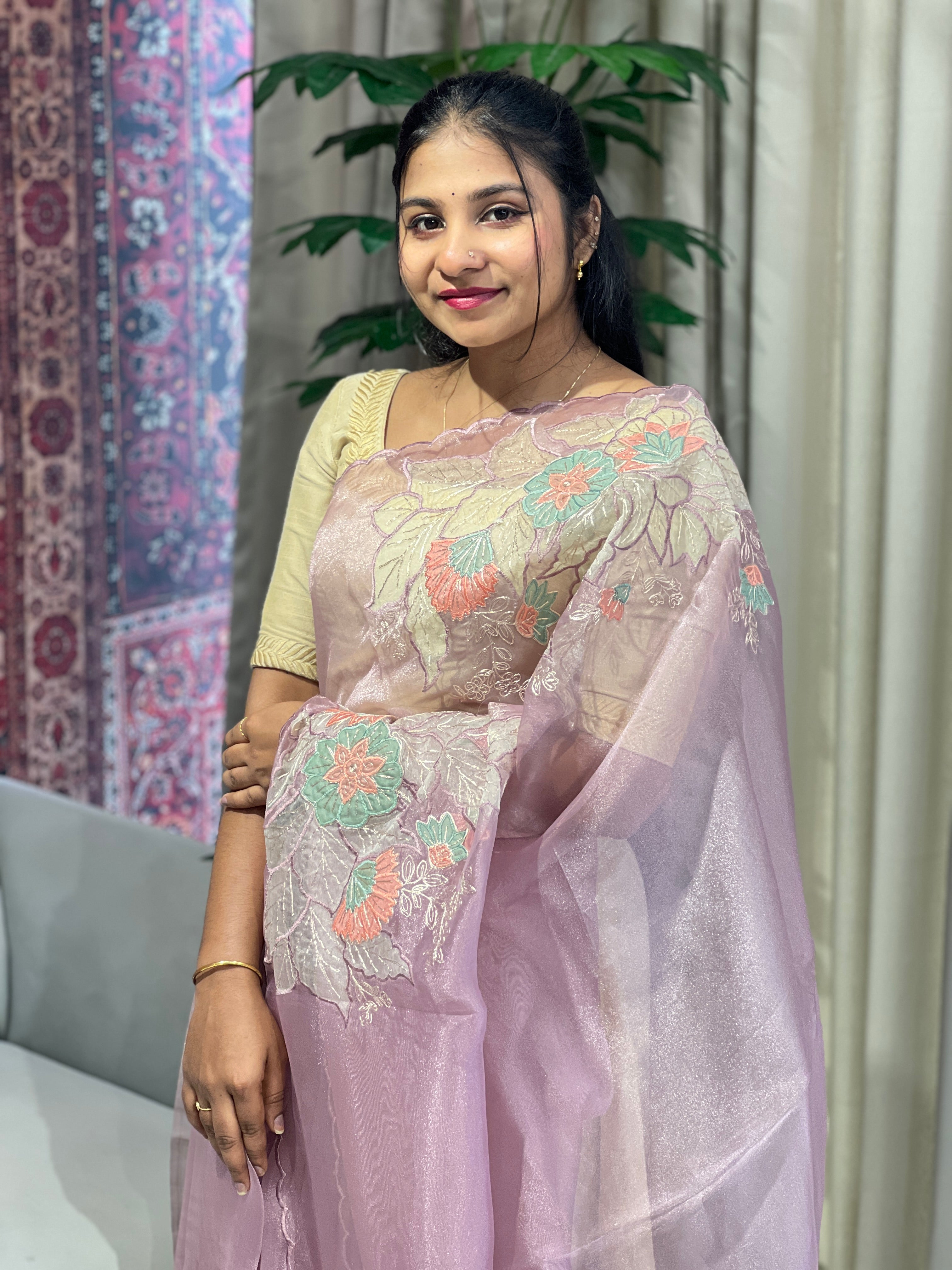 Multi-Colour Floral Applique Detailed Shimmer Organza Saree | BLD1589