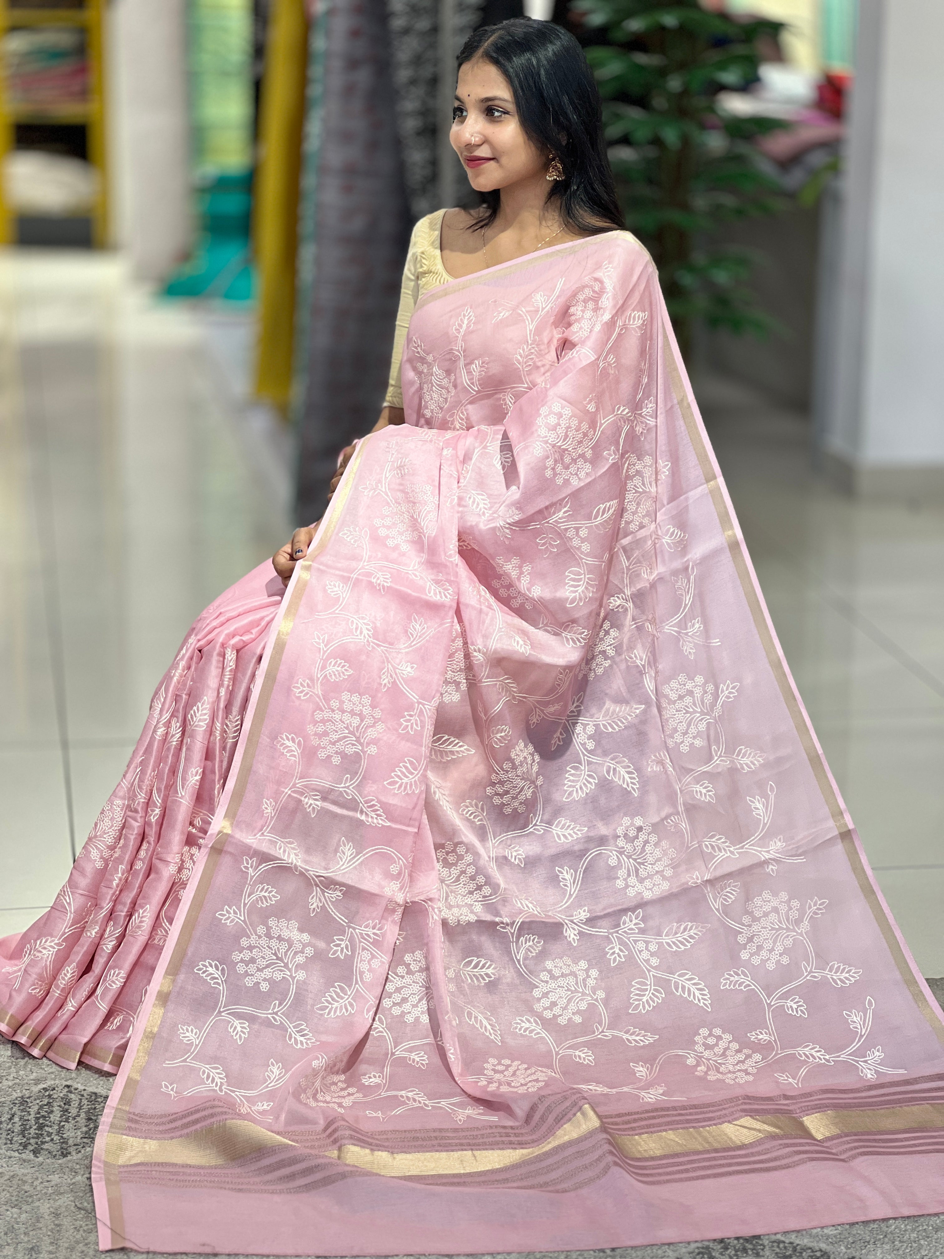 Floral Embroidered Chanderi Finish Saree | SUN217