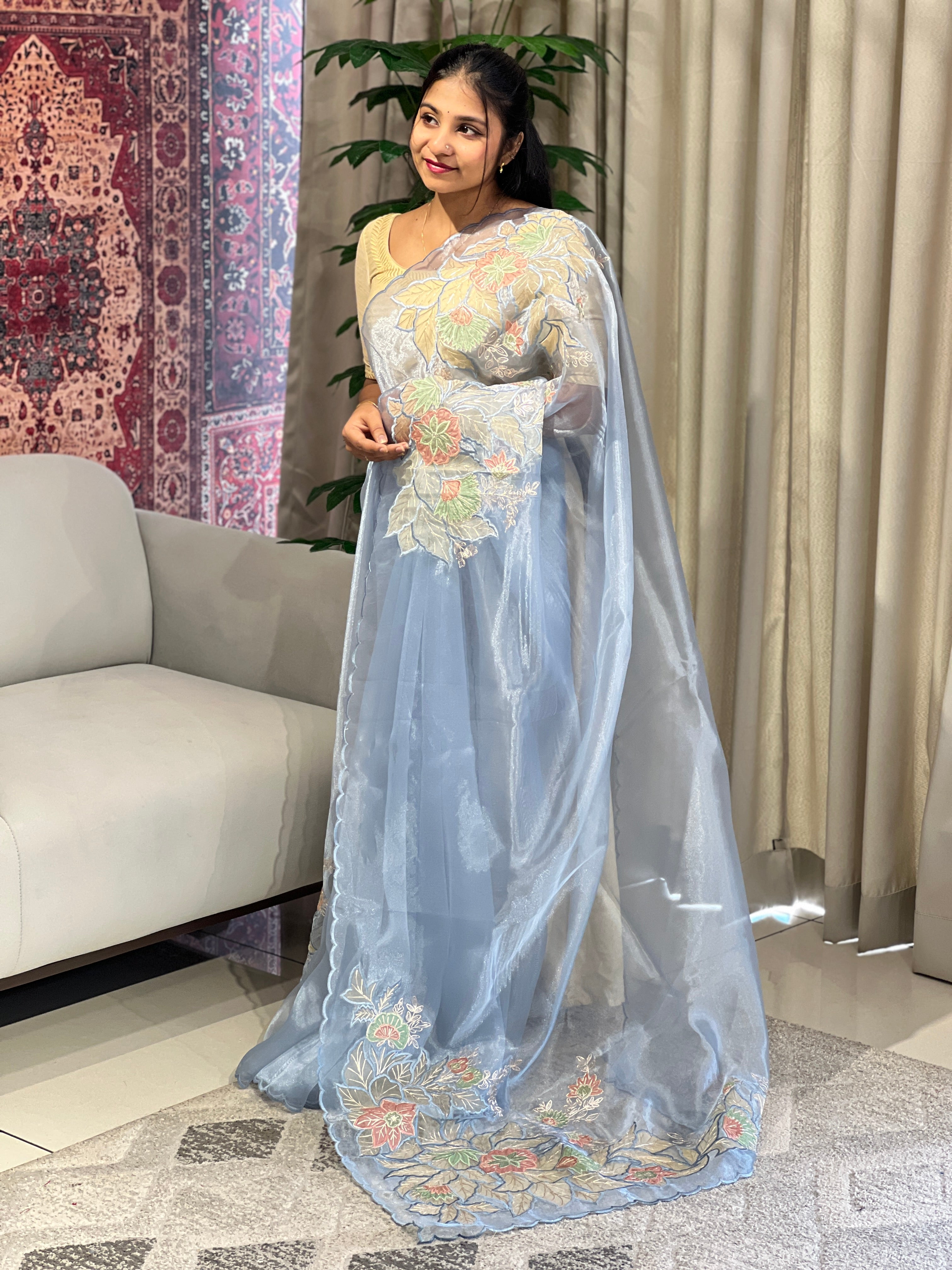 Multi-Colour Floral Applique Detailed Shimmer Organza Saree | BLD1590