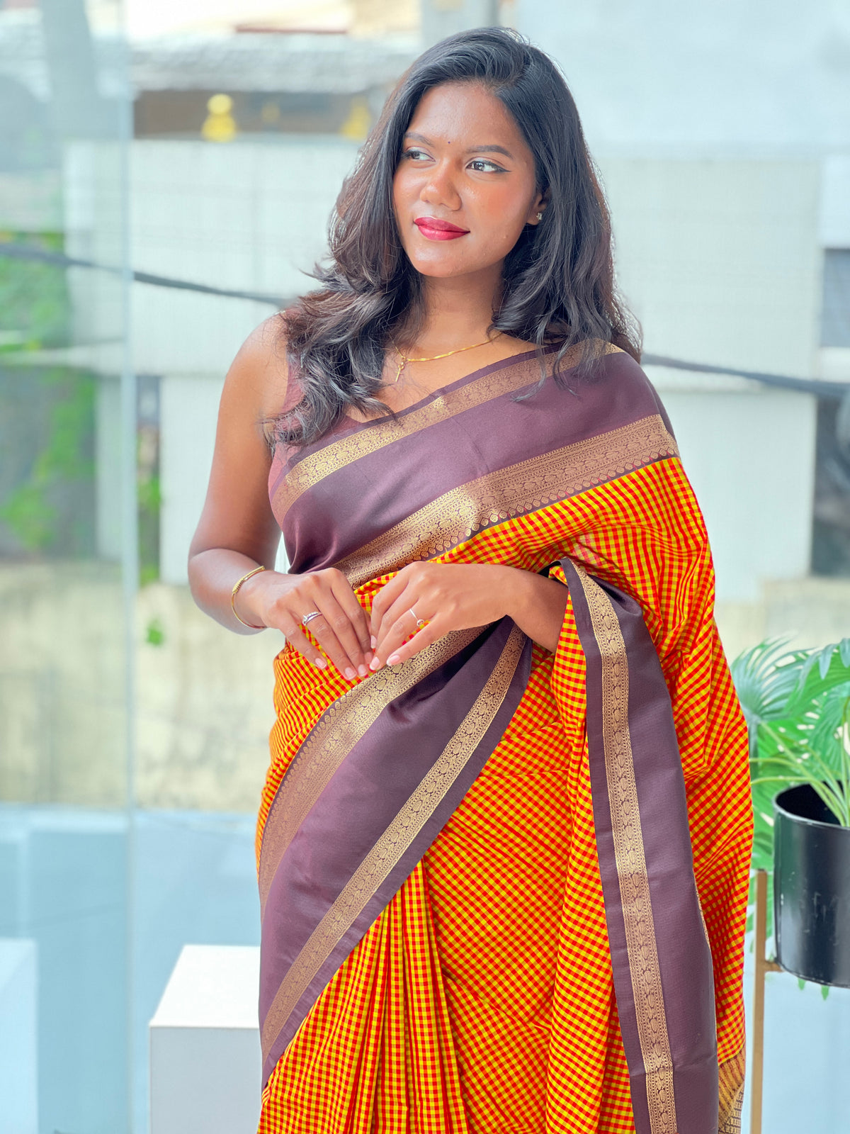 Traditional Madras Check Pattern Semi Silk Saree | NAC106