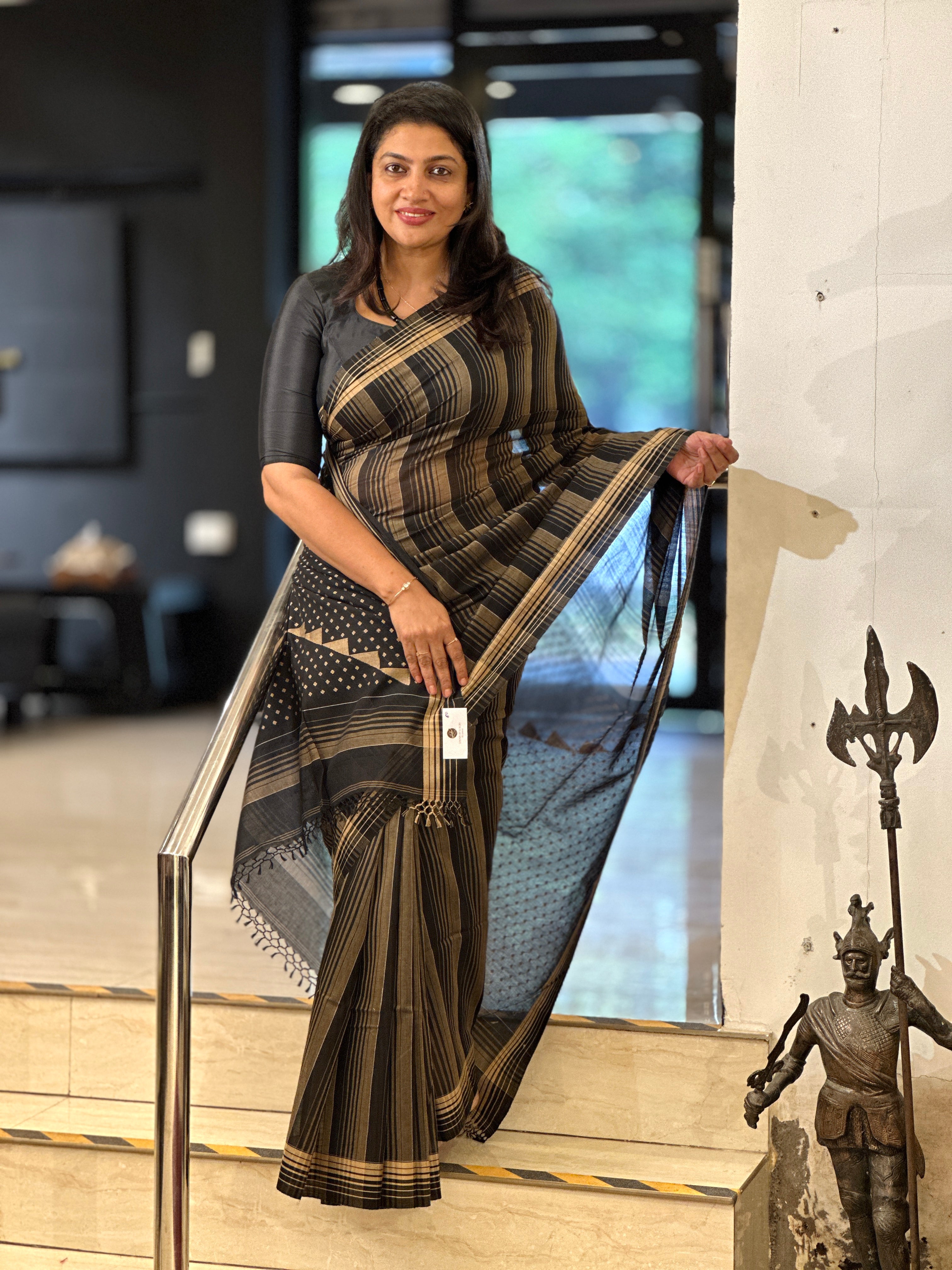 Stripe Patterned Handloom Desi Tussar Saree | AYD203