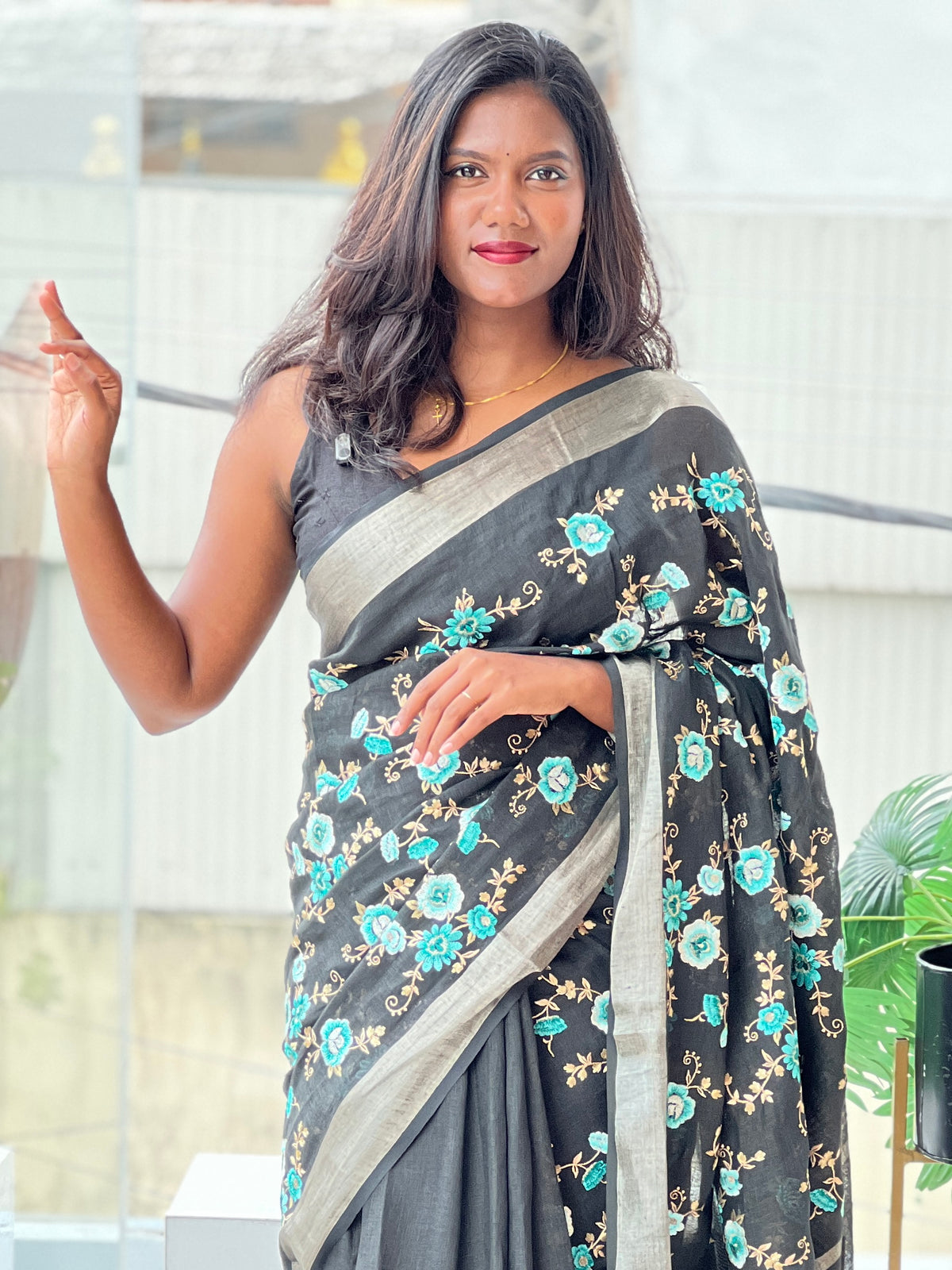 Floral Machine Embroidered Semi Linen Saree | AHD1994