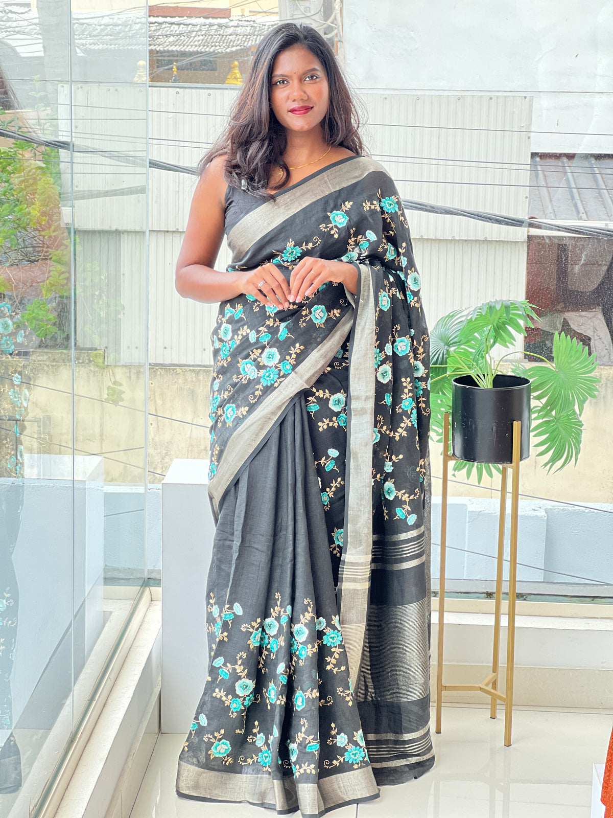 Floral Machine Embroidered Semi Linen Saree | AHD1994