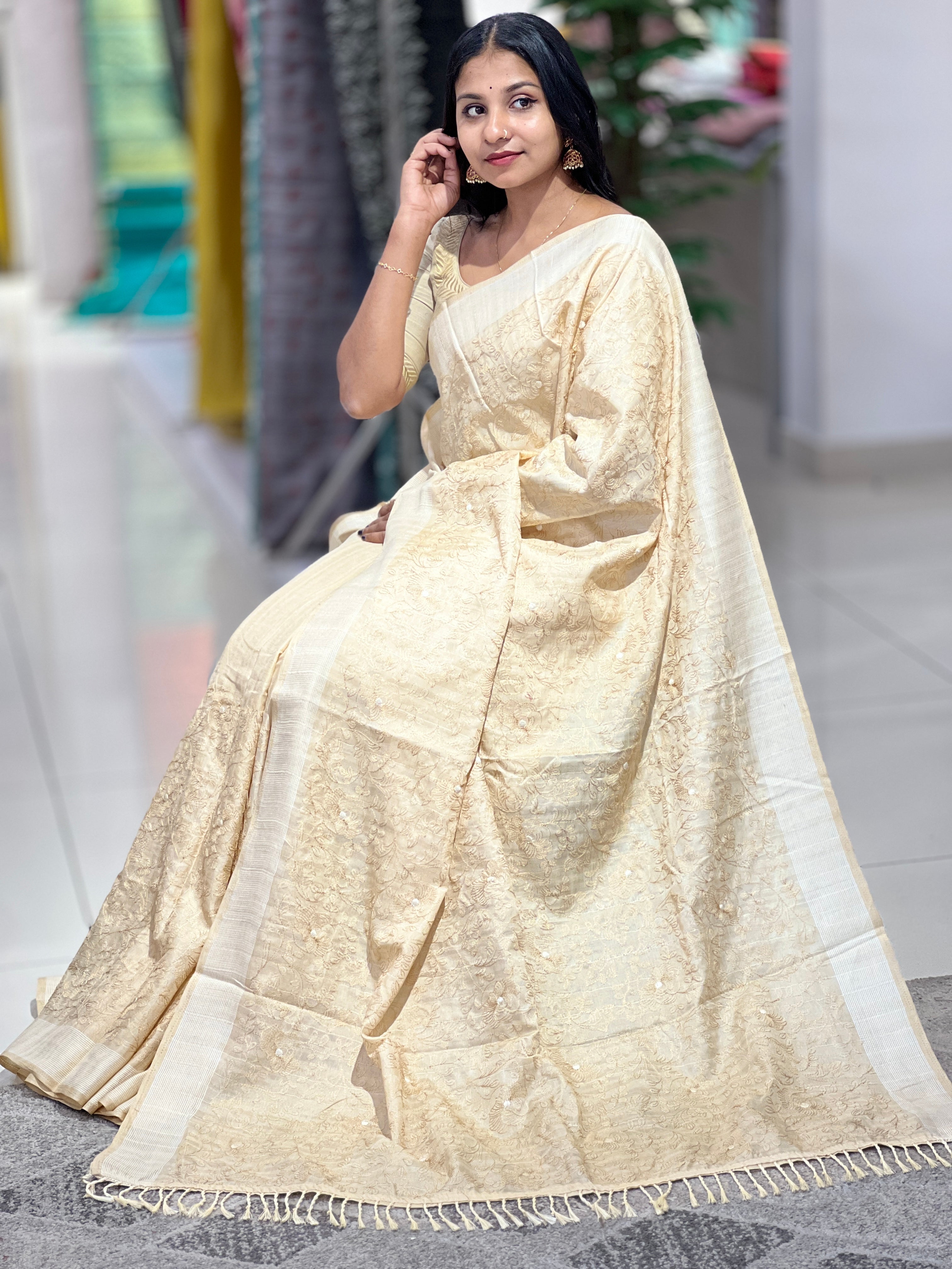 Floral Jaal Pattern Semi Tussar Saree | SUN178