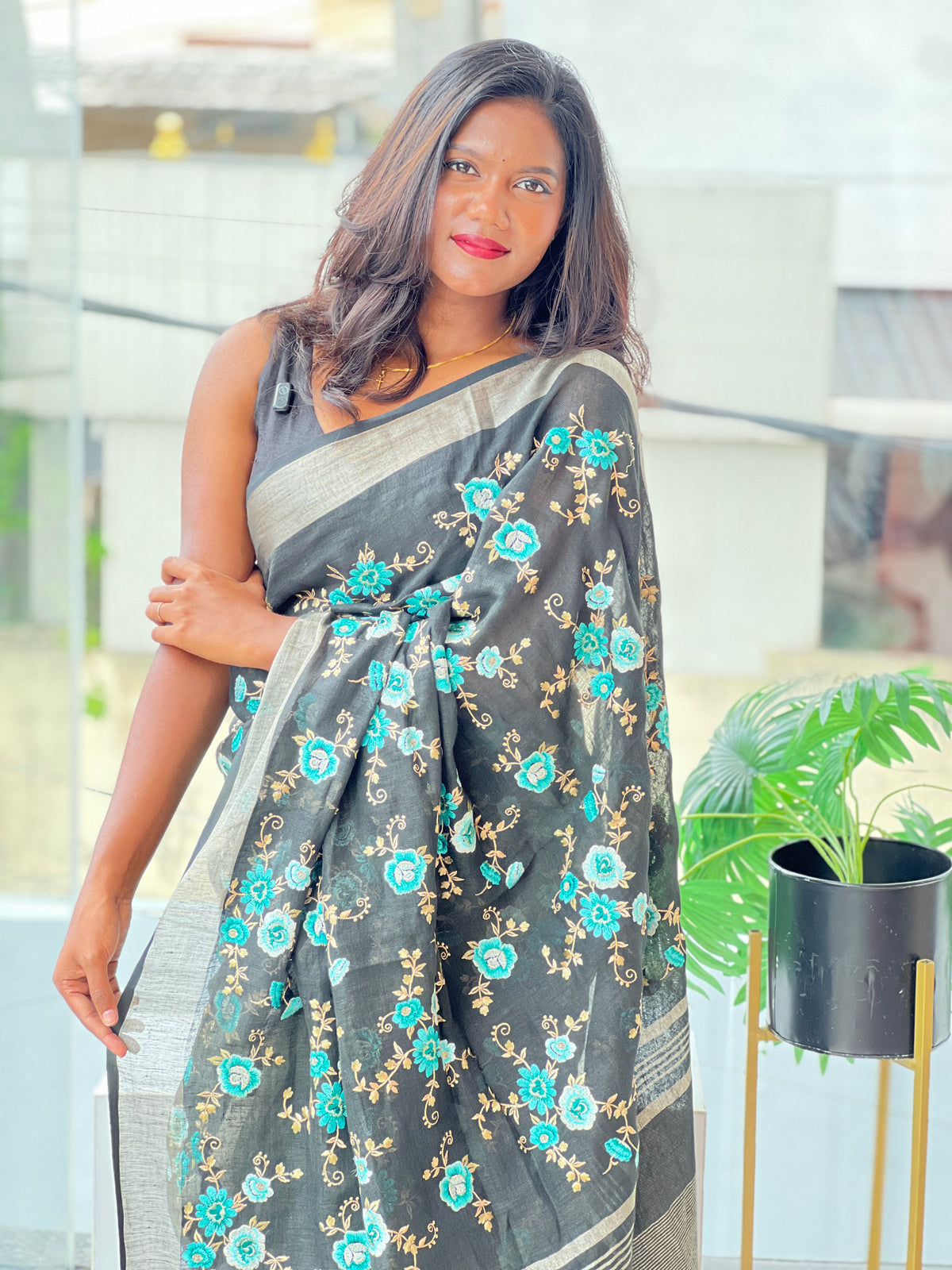 Floral Machine Embroidered Semi Linen Saree | AHD1994