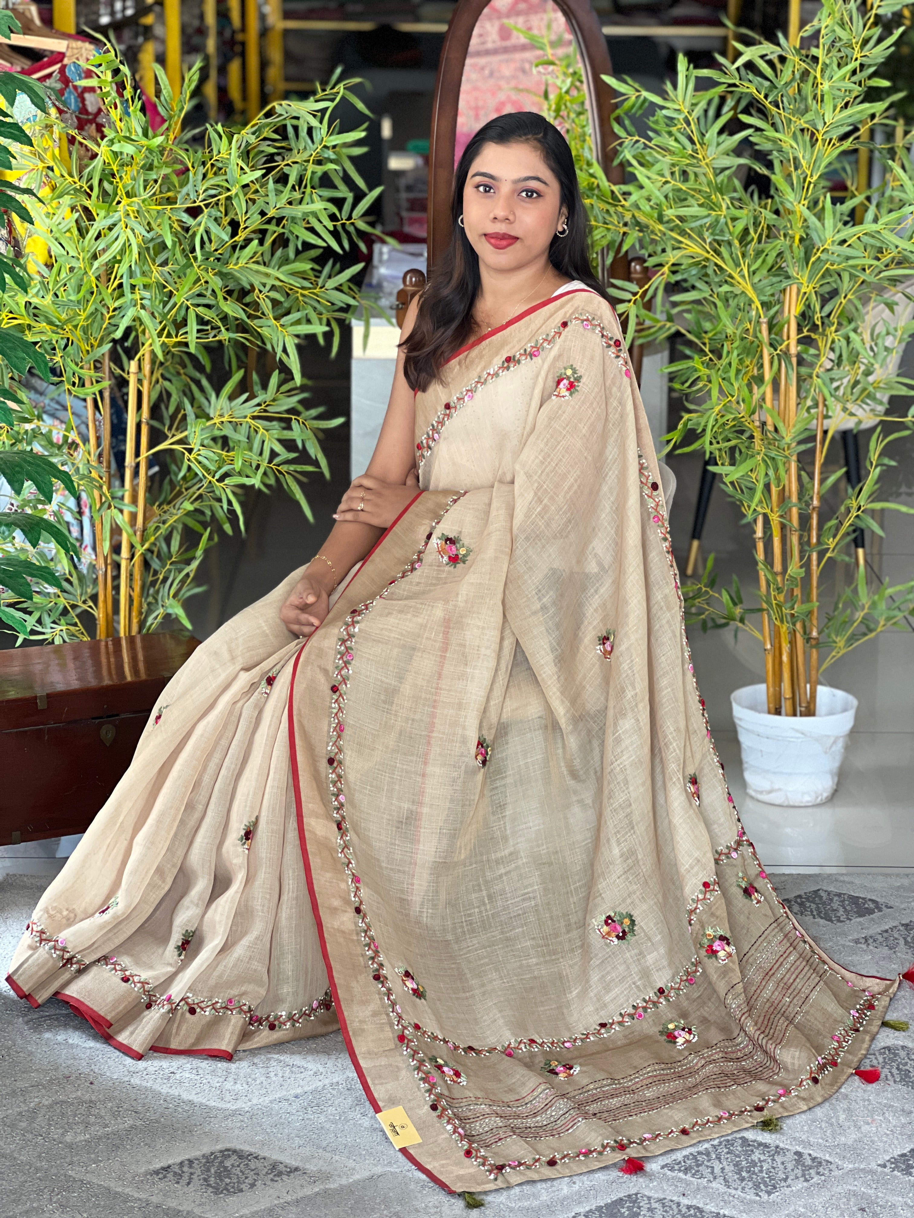 Embroidered Kara Border Deatiled Tissue Linen  Saree |RP802