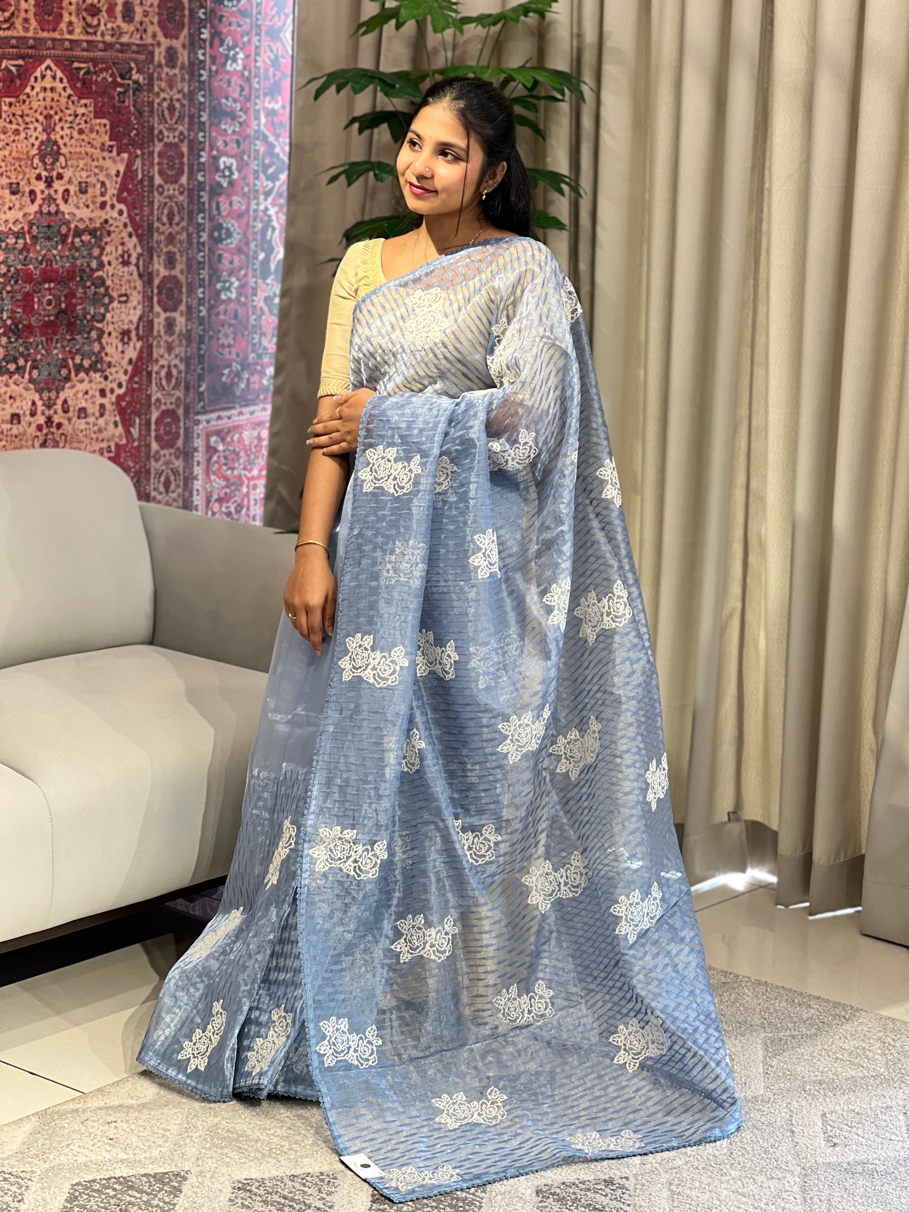Floral Machine Embroidery Detailed Organza Saree | BLD1607