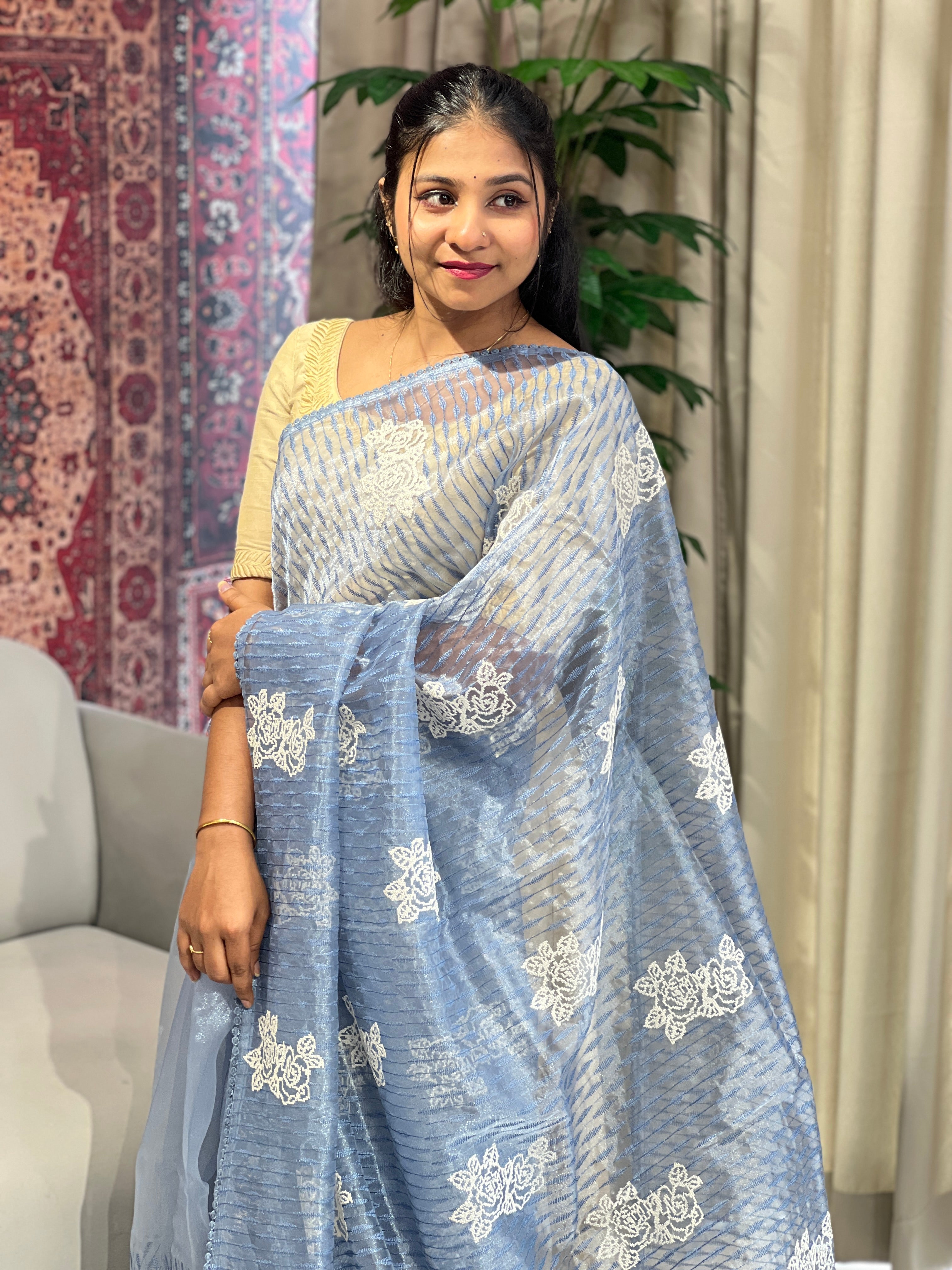 Floral Machine Embroidery Detailed Organza Saree | BLD1607