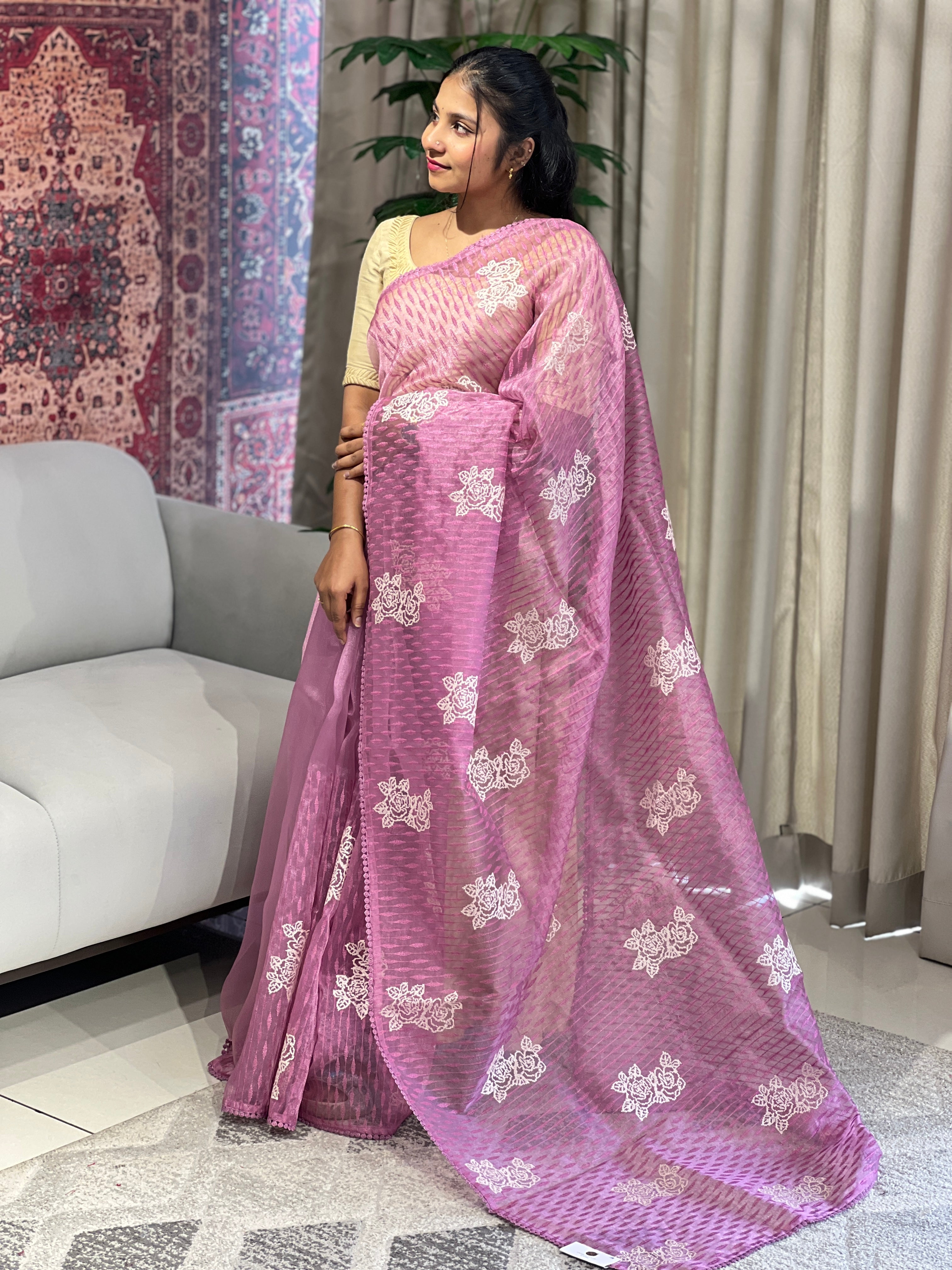 Floral Machine Embroidery Detailed Organza Saree | BLD1606