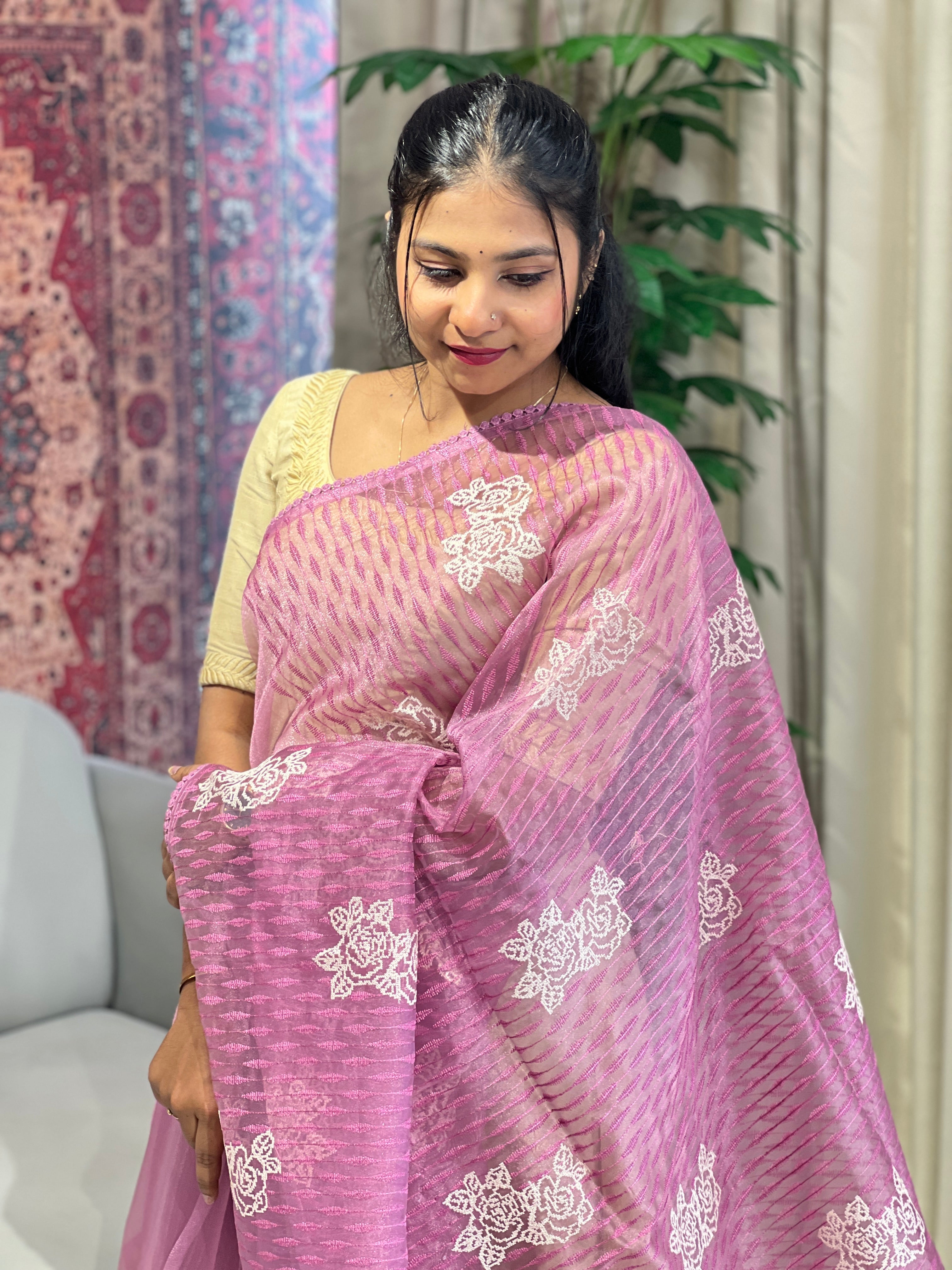 Floral Machine Embroidery Detailed Organza Saree | BLD1606