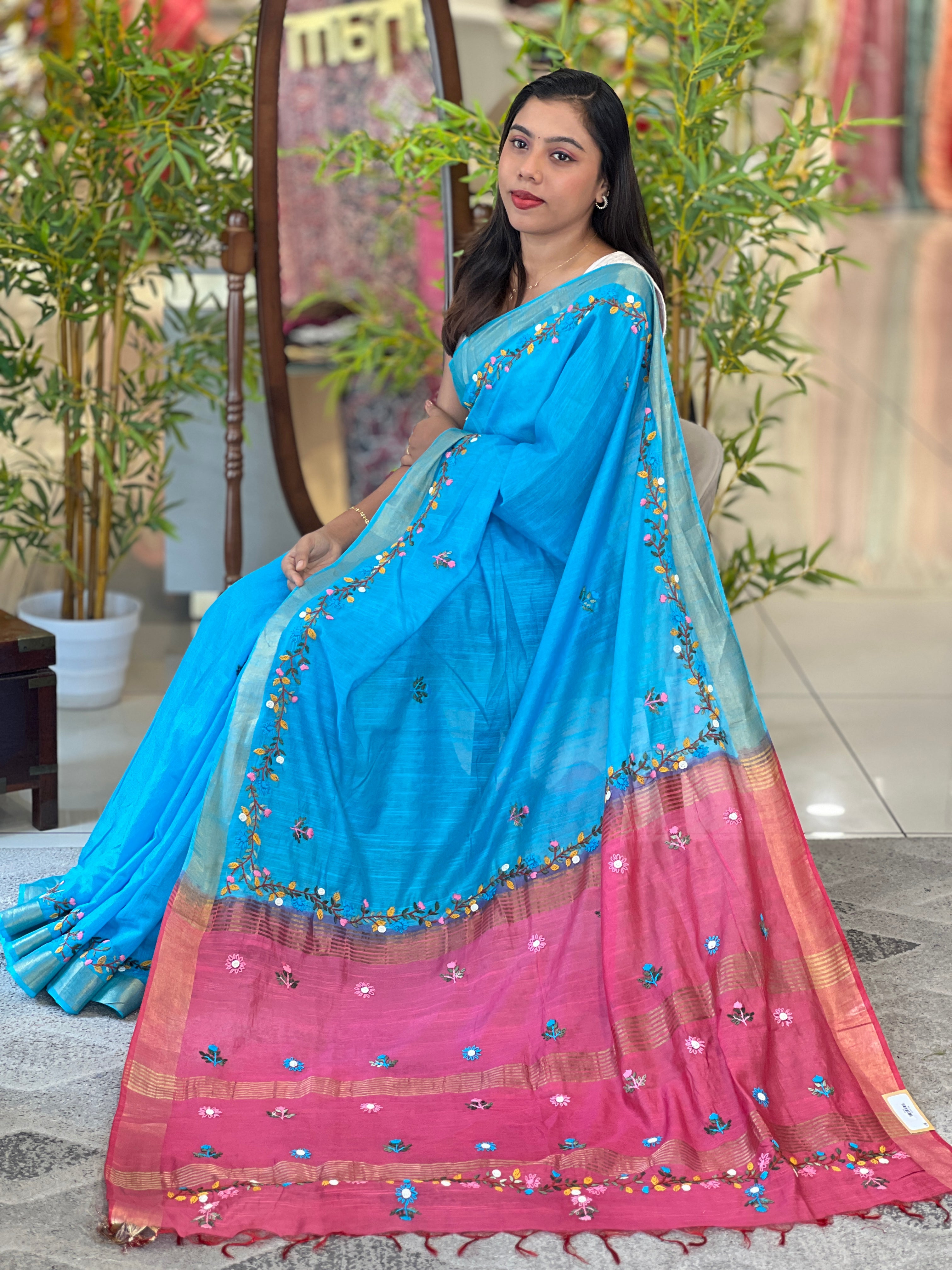 Hand Work Embroidered Bhagalpuri Linen Saree | RP799