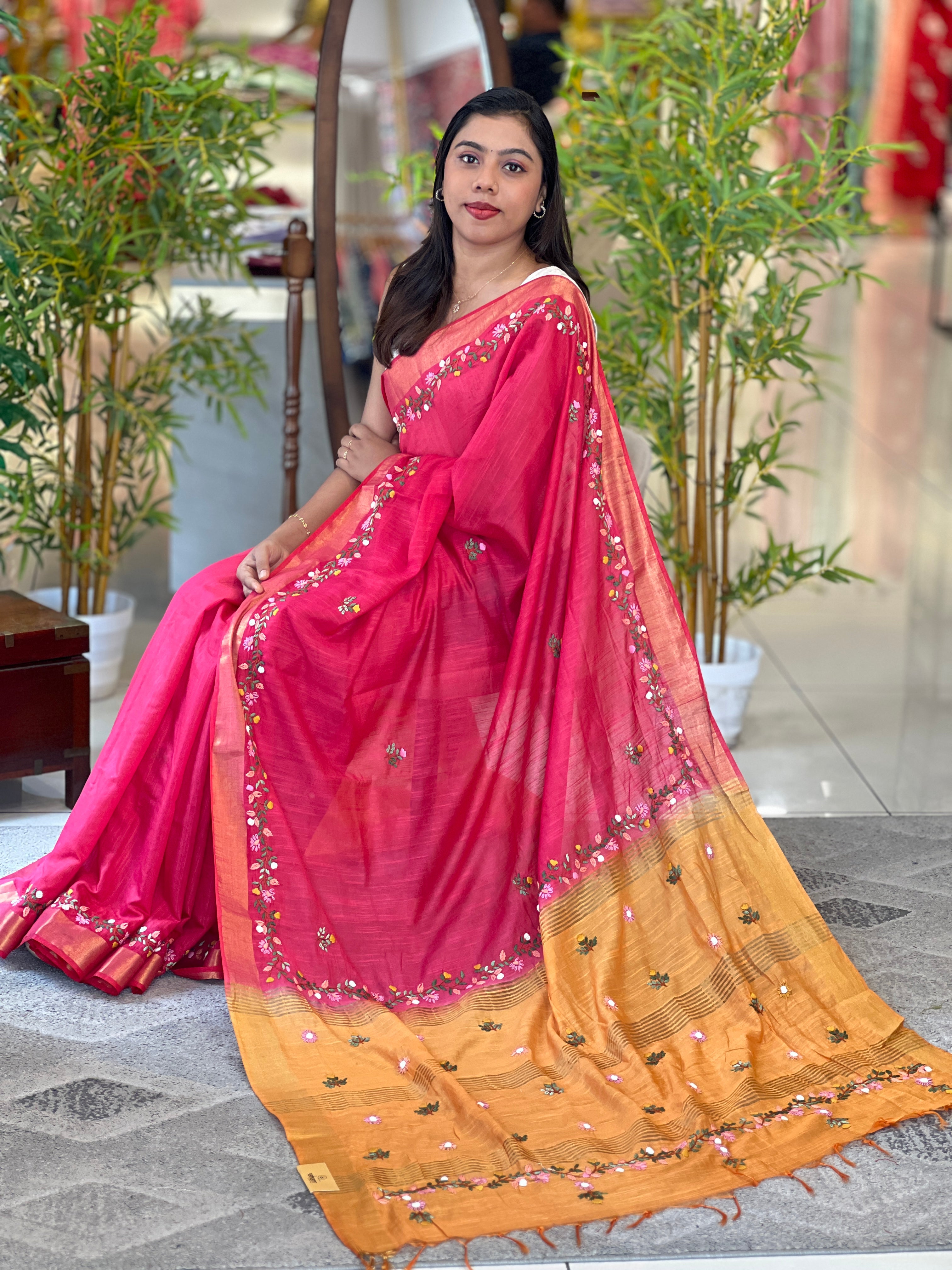 Hand Work Embroidered Bhagalpuri Linen Saree | RP798