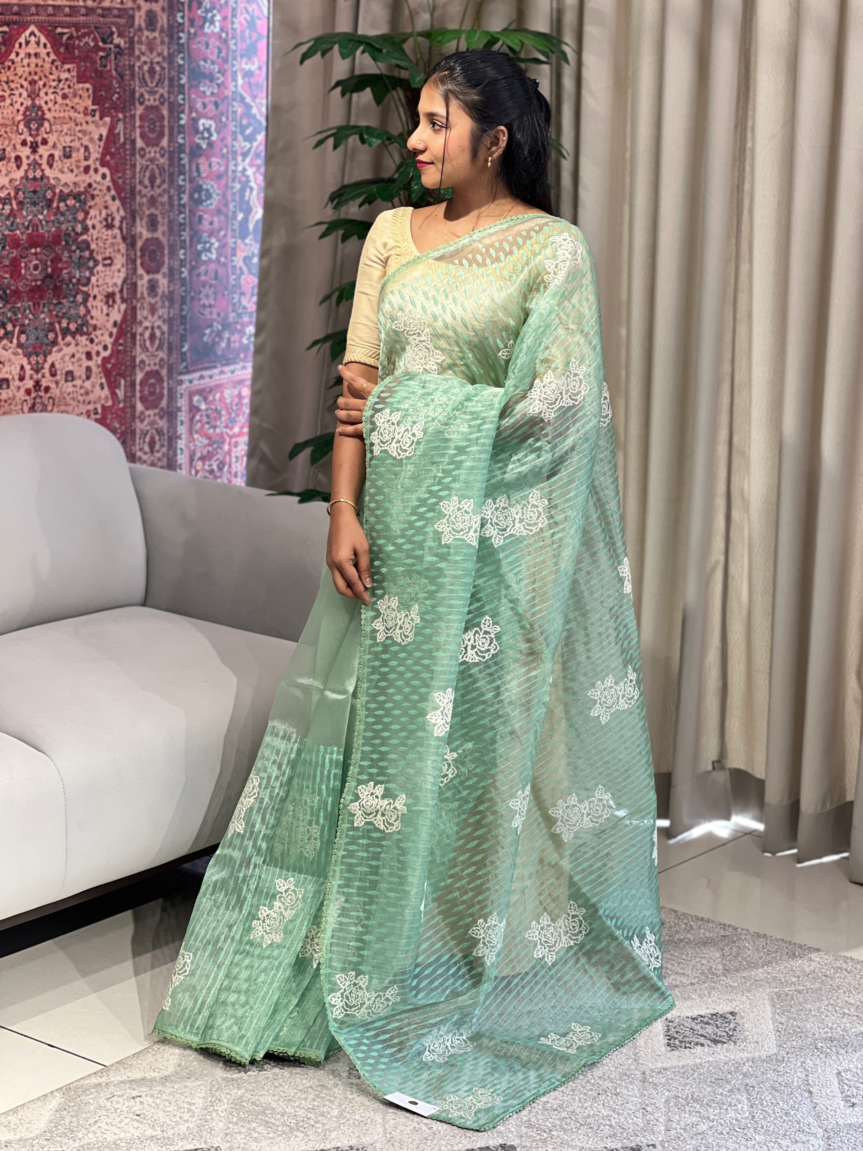 Floral Machine Embroidery Detailed Organza Saree | BLD1603