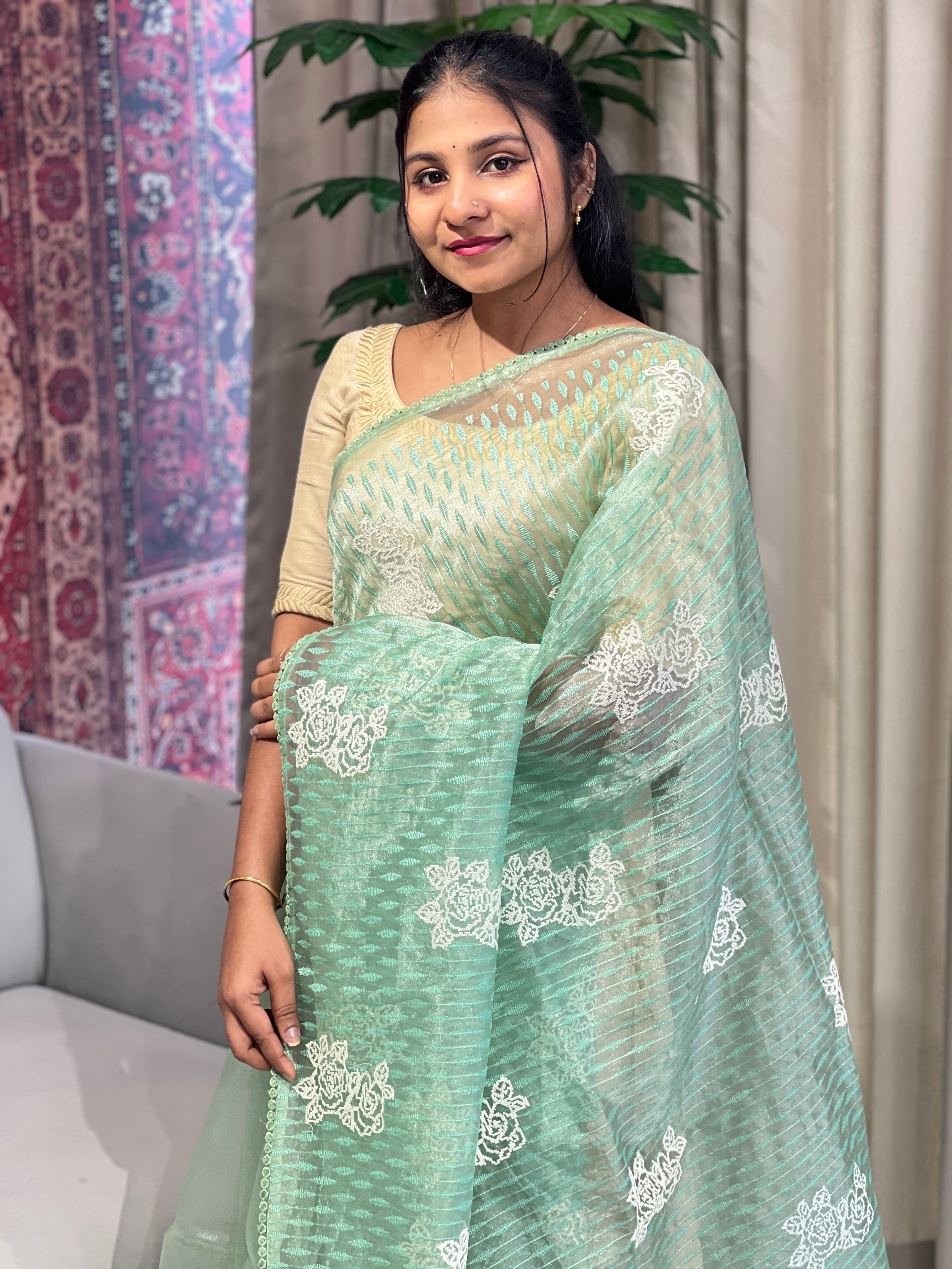Floral Machine Embroidery Detailed Organza Saree | BLD1603