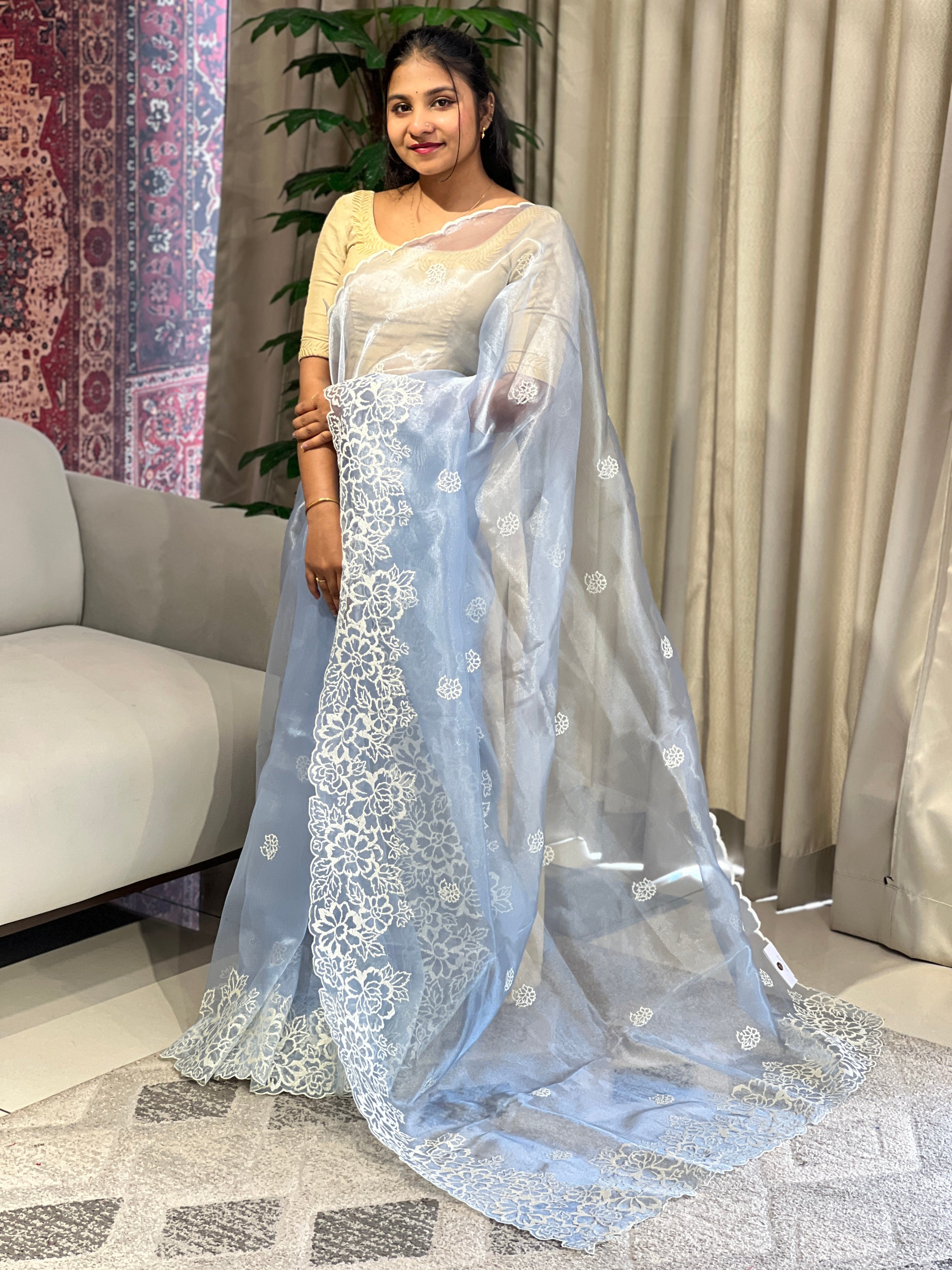 Floral Embroidery Detailed Shimmer Organza Saree | BLD1612