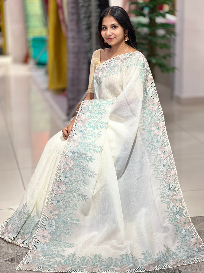 Cutwork & Floral Embroidered Crushed Organza Saree | SUN259