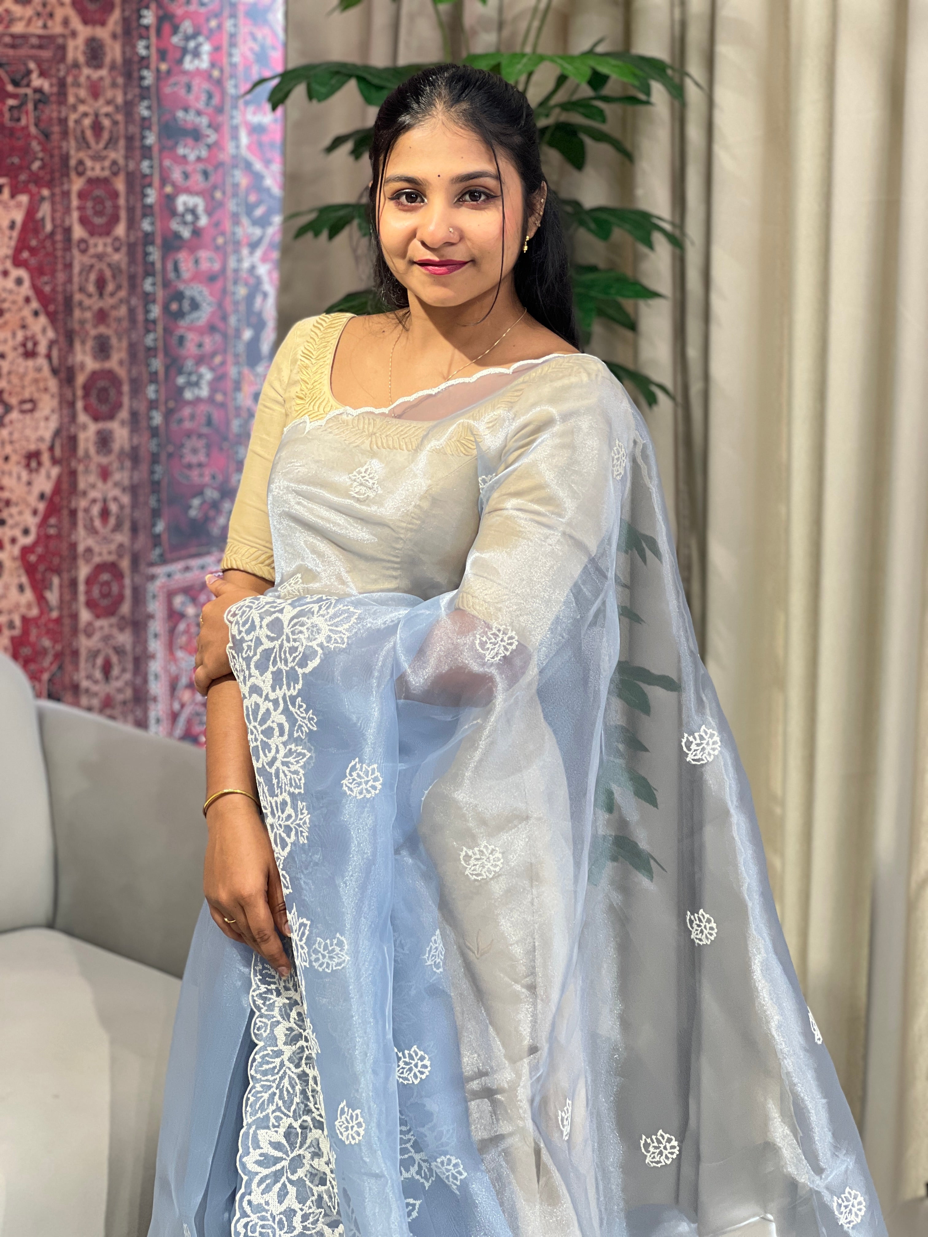 Floral Embroidery Detailed Shimmer Organza Saree | BLD1612