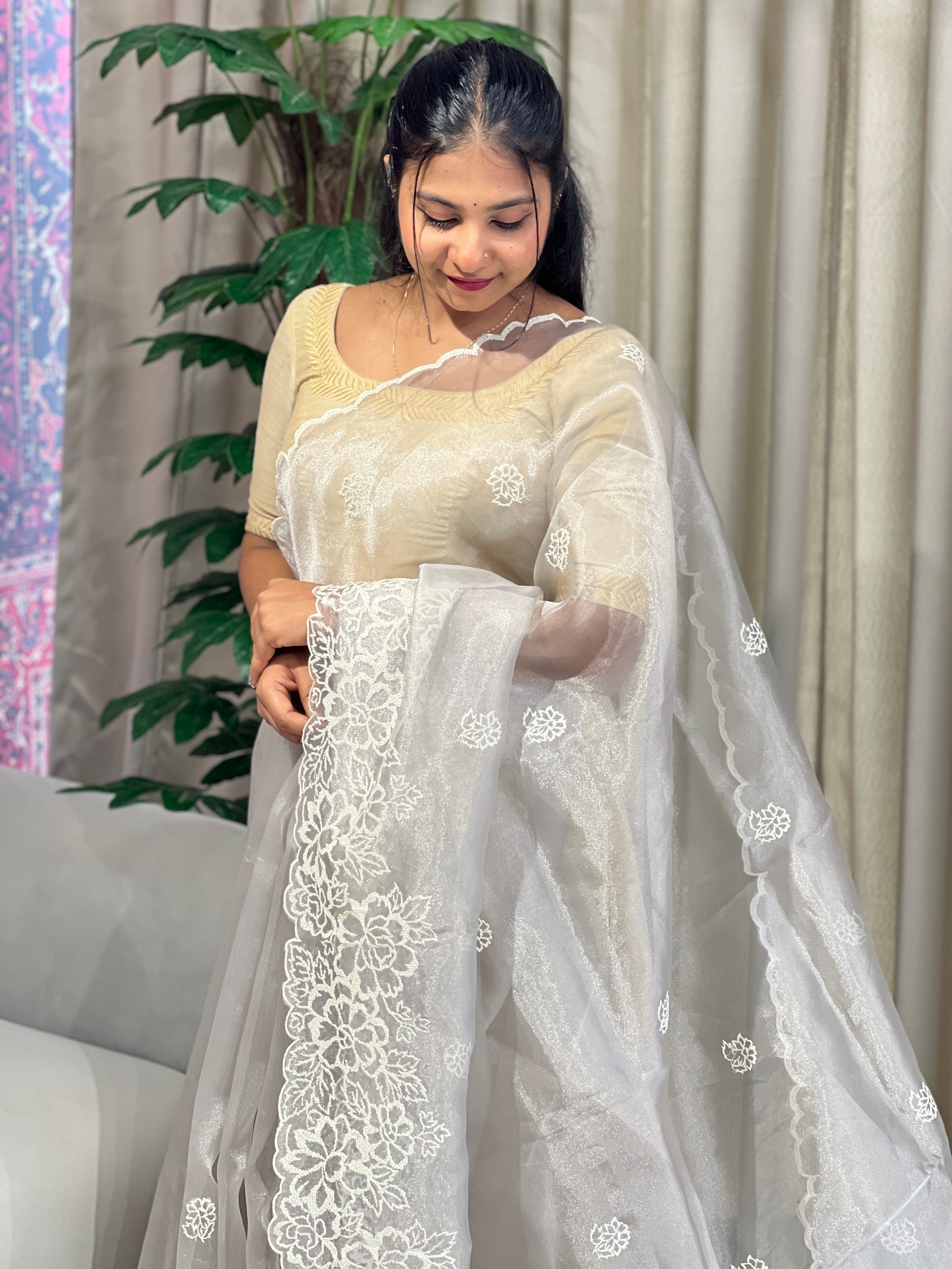 Floral Embroidery Detailed Shimmer Organza Saree | BLD1615