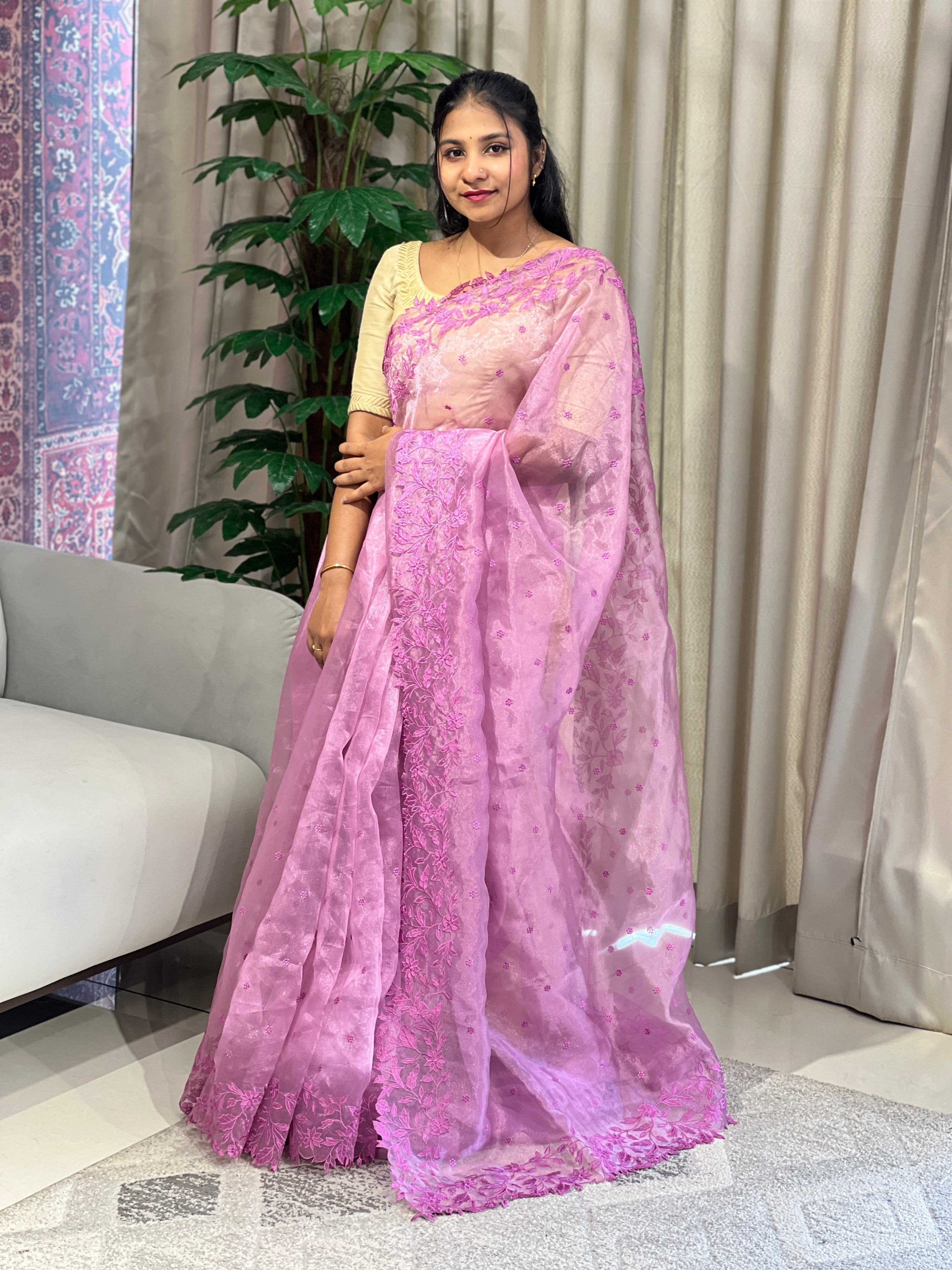 Floral Embroidery Detailed Shimmer Organza Saree | BLD1602