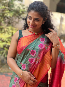 Traditional Embroidery Pattern Bhagalpuri Linen Saree | NHH196
