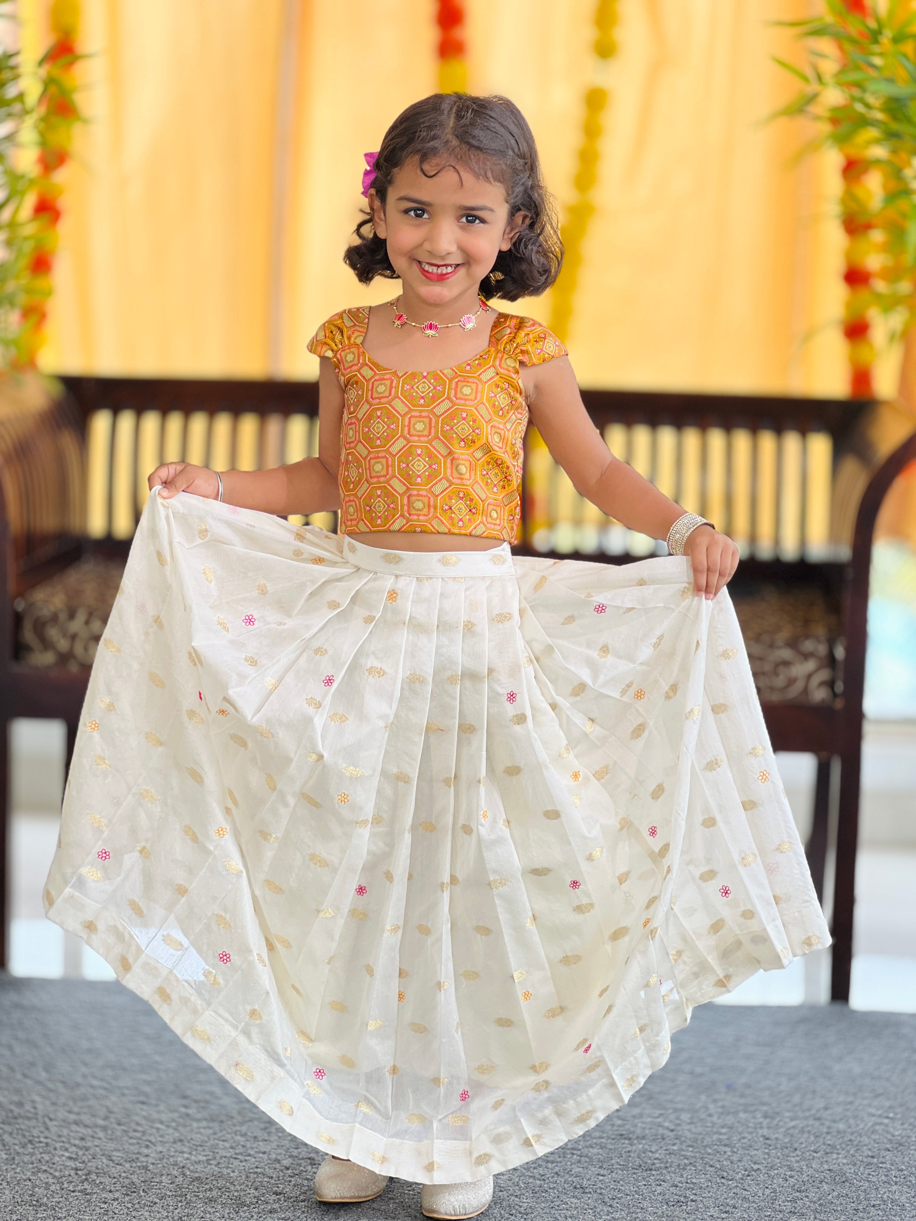 Brocade Patterned Handloom Banarasi Katan Unstitched Top & Skirt | ONK102
