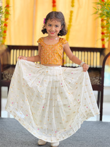 Brocade Patterned Handloom Banarasi Katan Unstitched Top & Skirt | ONK102