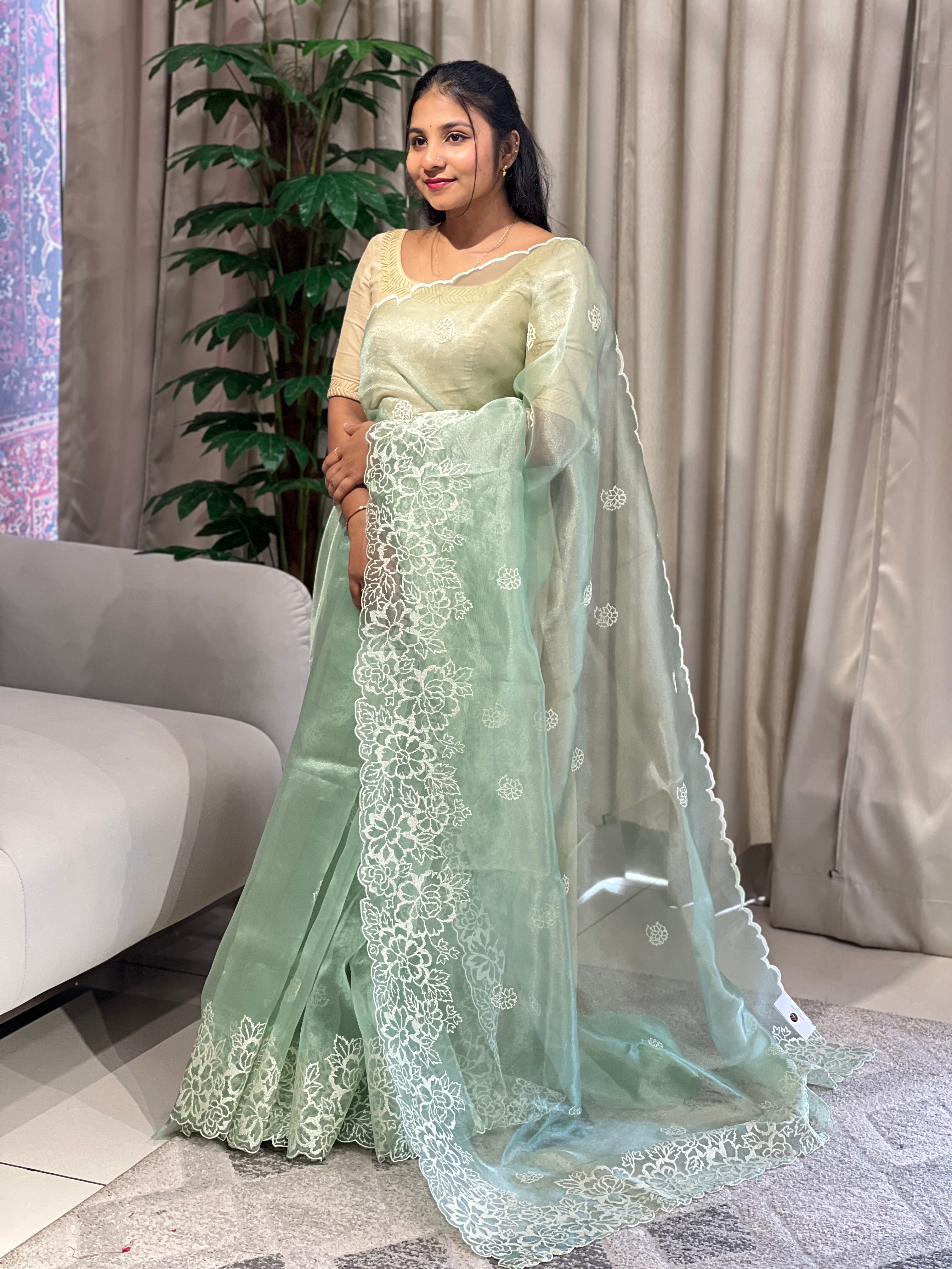 Floral Embroidery Detailed Shimmer Organza Saree | BLD1613