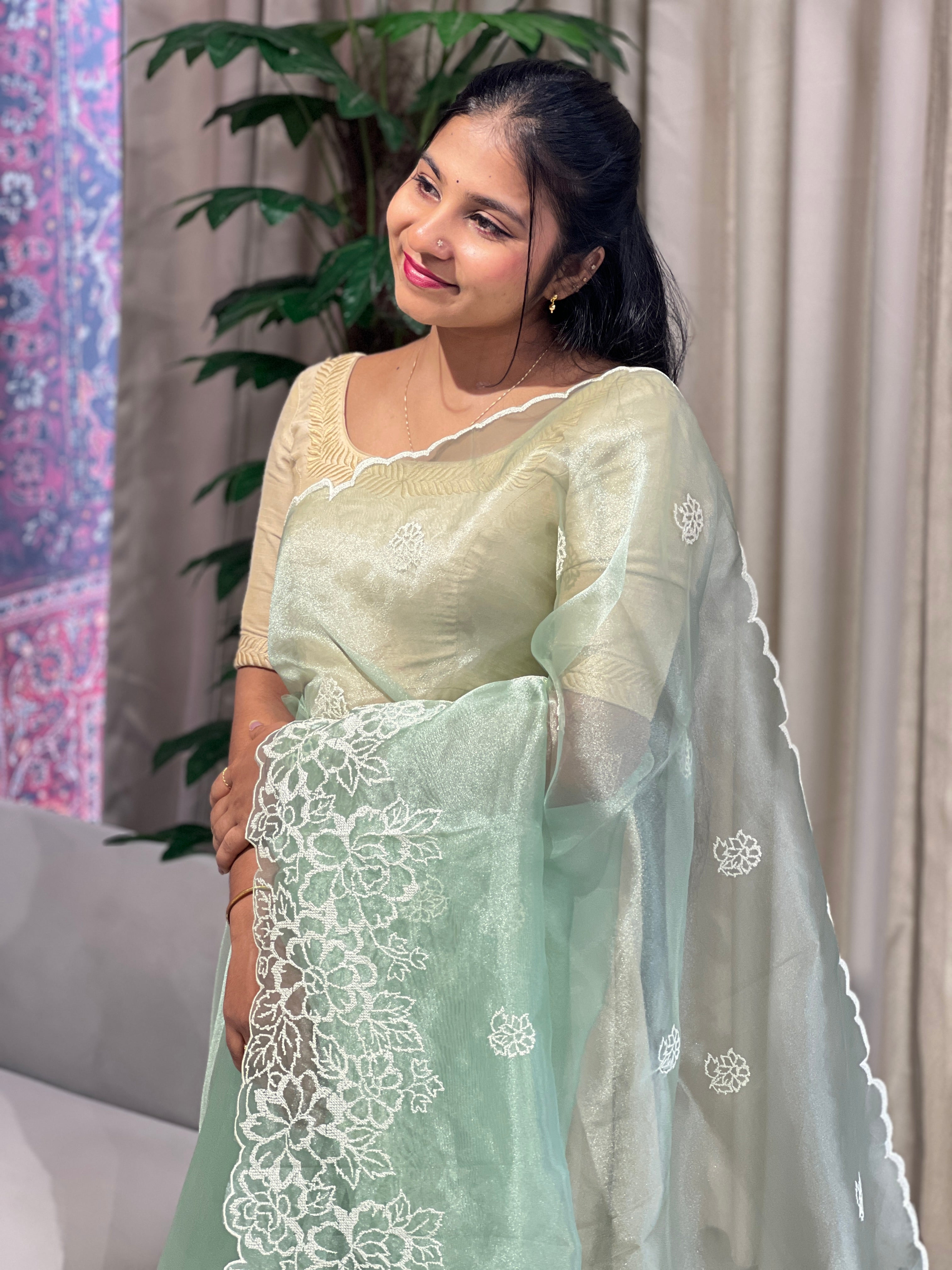Floral Embroidery Detailed Shimmer Organza Saree | BLD1613