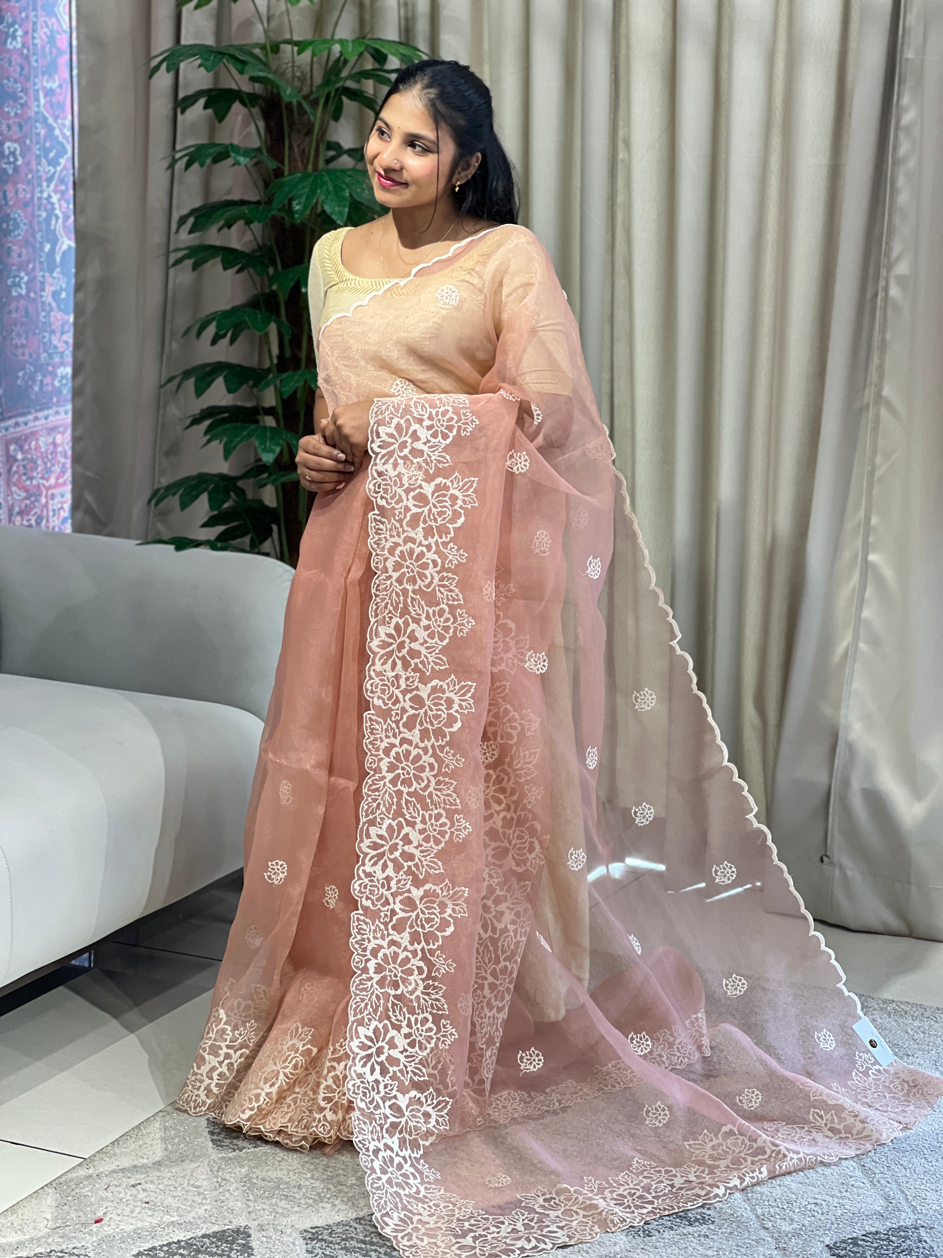 Floral Embroidery Detailed Shimmer Organza Saree | BLD1614