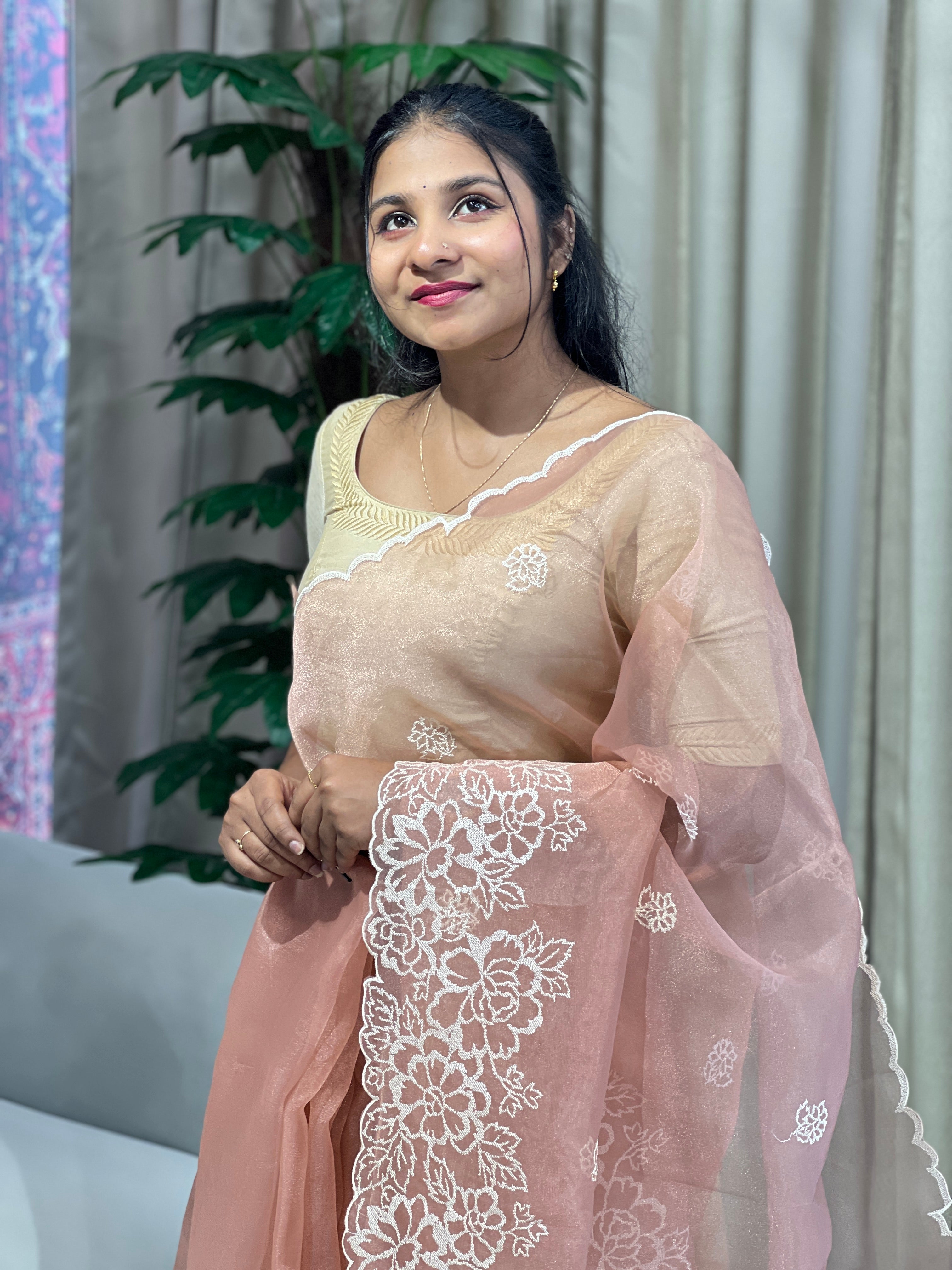 Floral Embroidery Detailed Shimmer Organza Saree | BLD1614