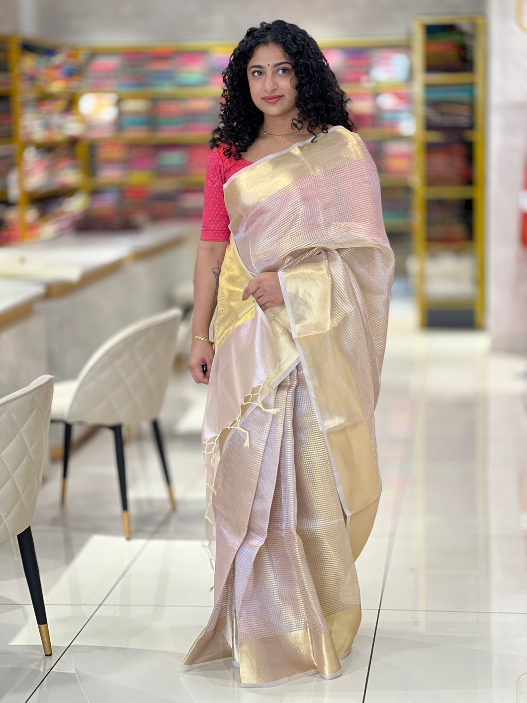 Golden Zari Check Pattern  Tissue Organza Saree | NN234