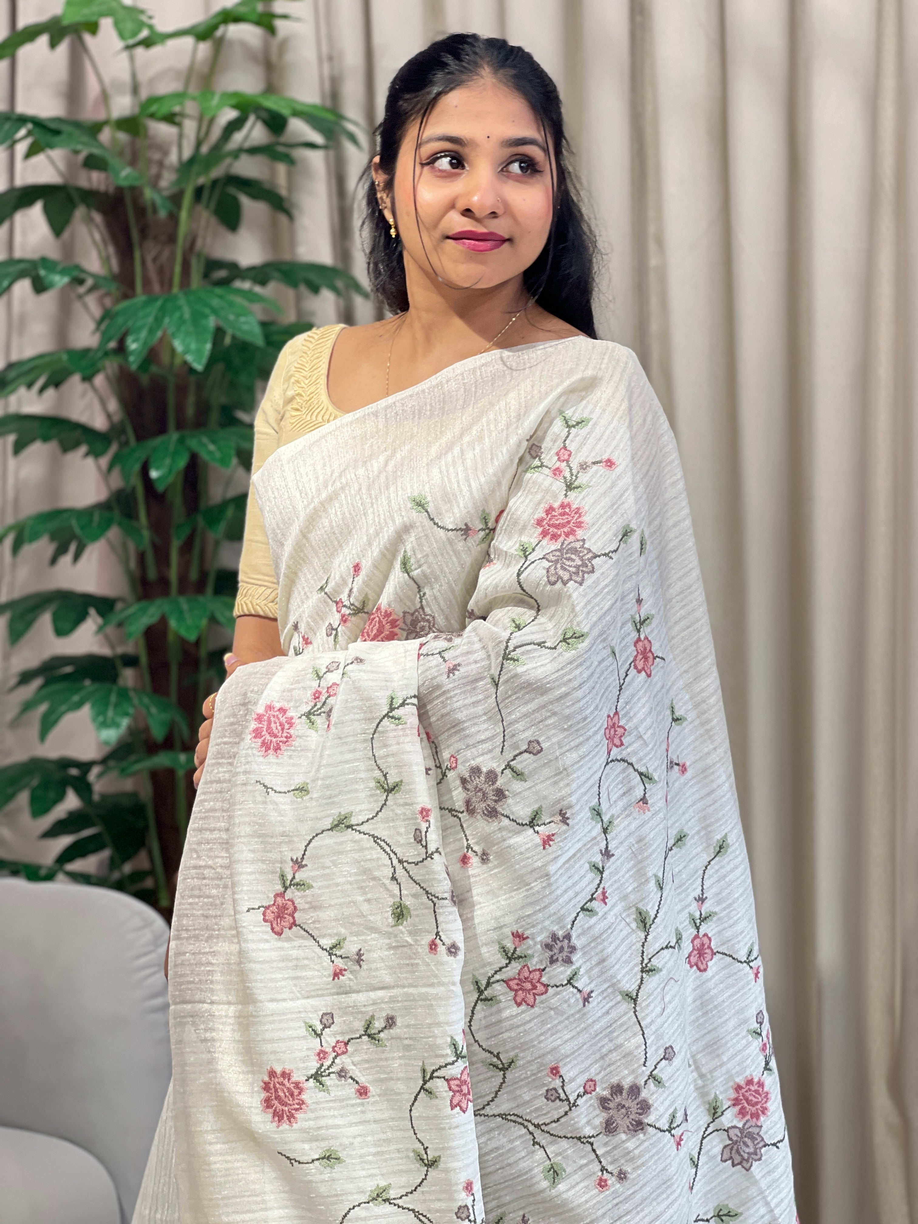 Floral Cross Stitch Machine Embroidery Detailed Green Silk Saree | BLD1643