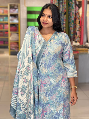 Floral Print & Mirror Detailed Cotton Blend Kurta Set | YOC138