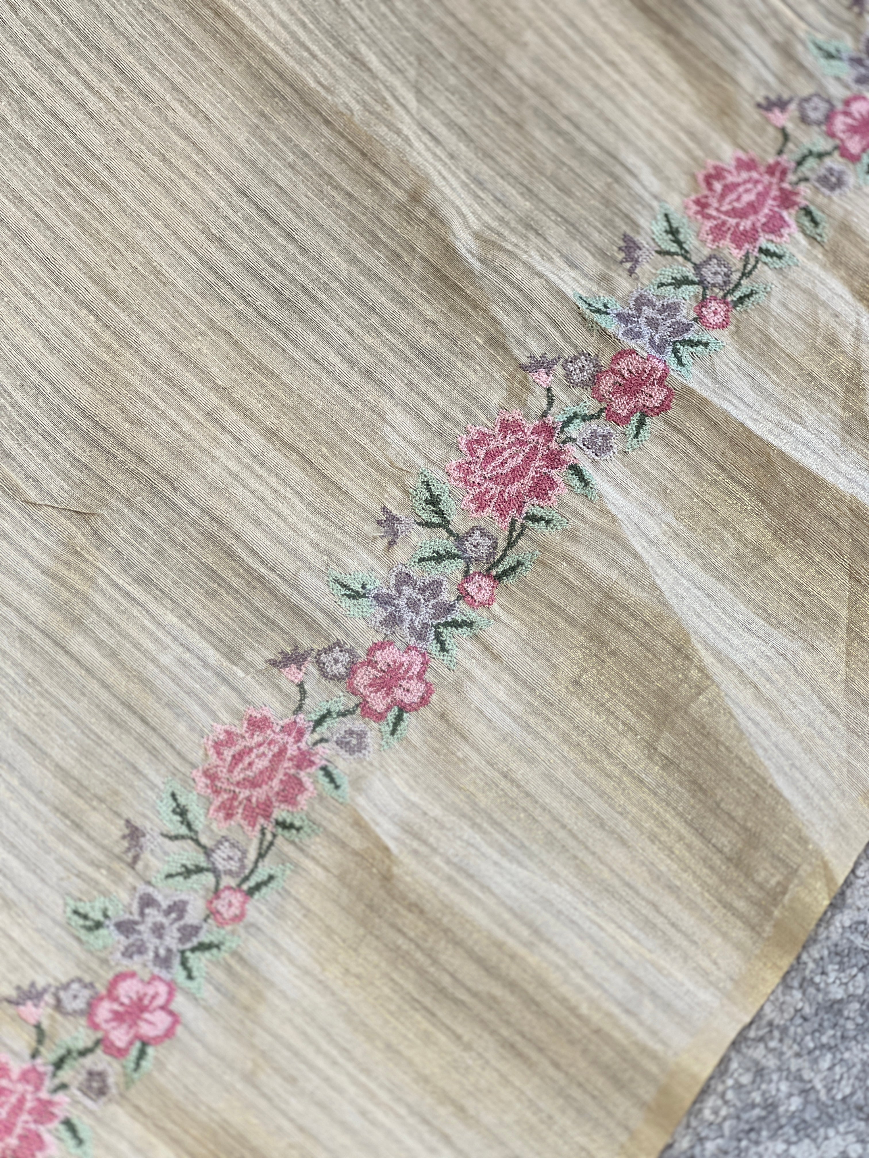 Floral Cross Stitch Machine Embroidery Detailed Green Silk Saree | BLD1642