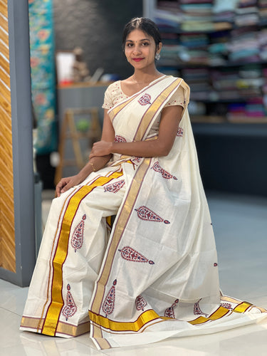 Block Printed Kerala Cotton Set Mundu | GAT248