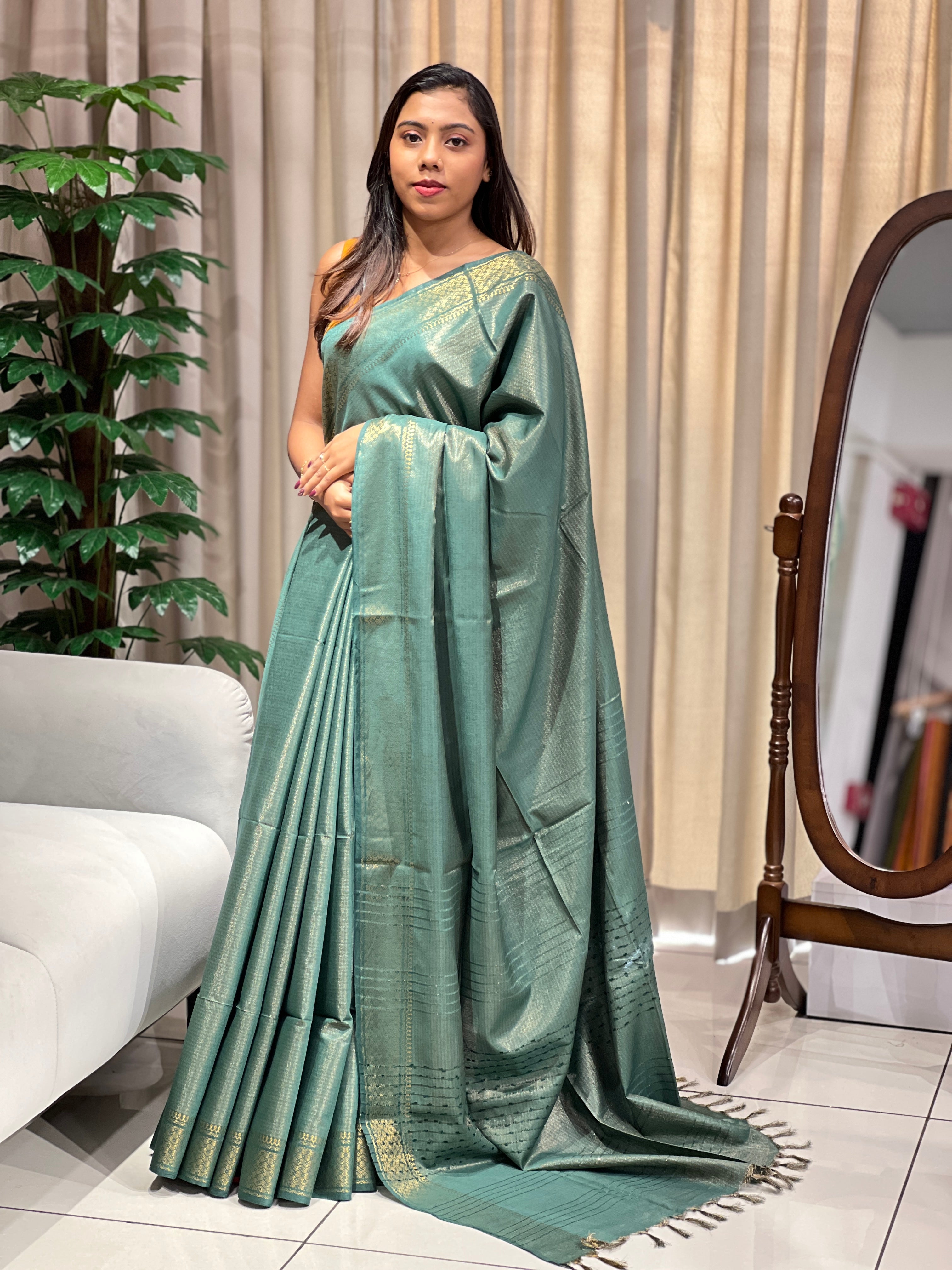 Zari Woven Stripe Patterned Tissue Semi Silk Saree | PF1094