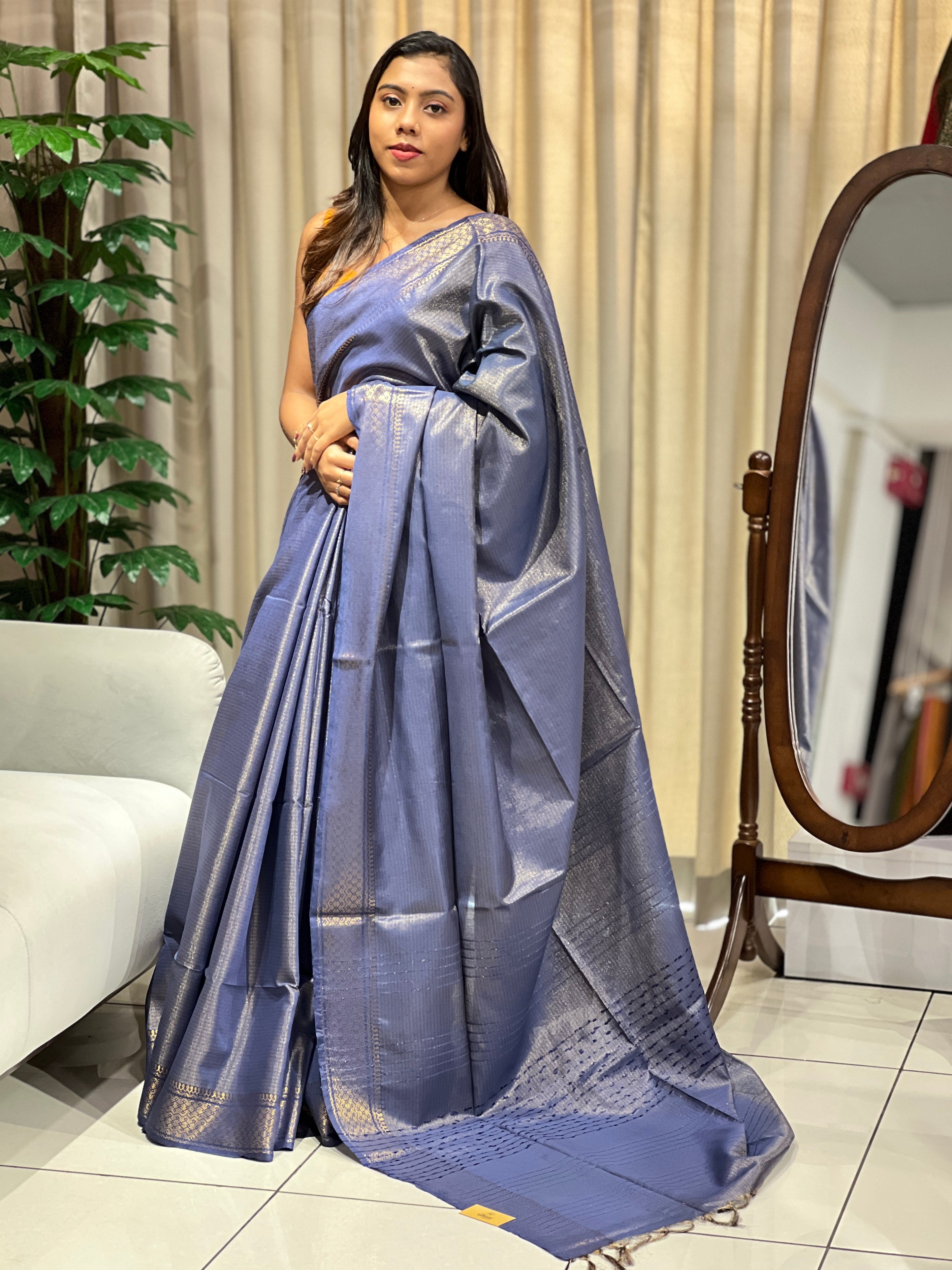 Zari Woven Stripe Patterned Tissue Semi Silk Saree | PF1097